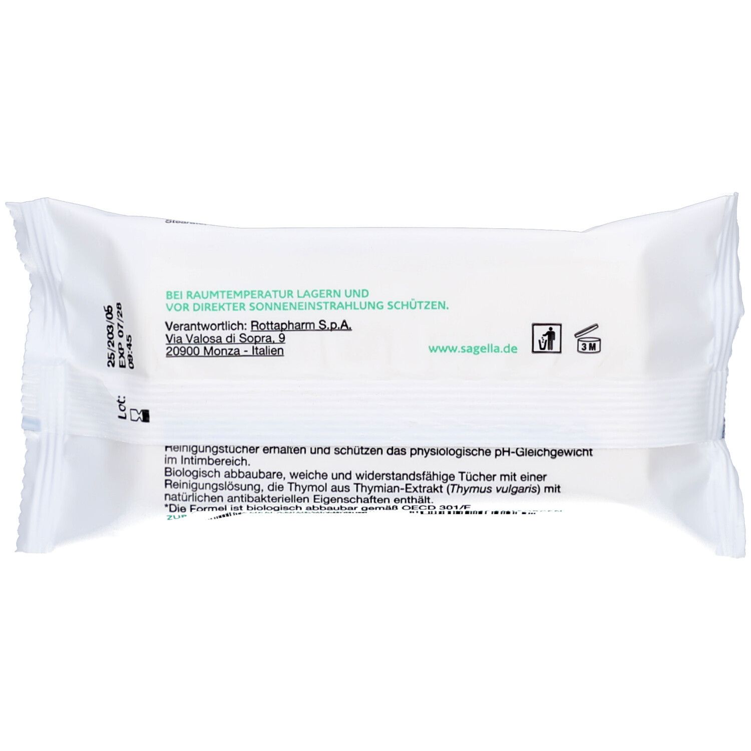 Rückseite der SAGELLA® Active Pregnacare Reinigungstücher-Verpackung. Text, Logos und Haltbarkeitsdatum. Biologisch abbaubare Tücher.