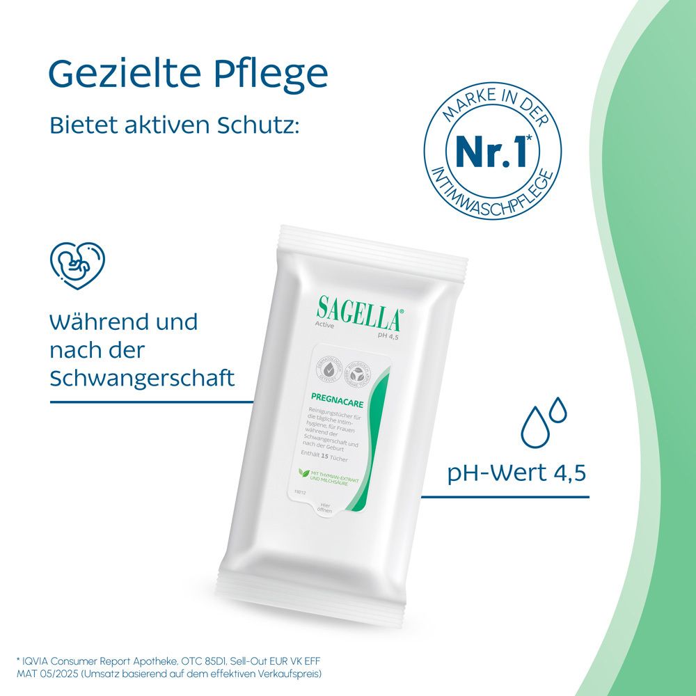 Text über gezielte Pflege. Weißes Sachet mit SAGELLA® Active Pregnacare Reinigungstücher. pH-Wert 4,5. Hintergrund grün.