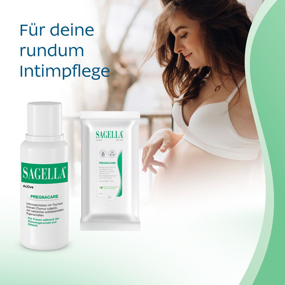 Frau im weißen Top. SAGELLA® Active Pregnacare Reinigungstücher und Flasche. Text über Intimpflege.