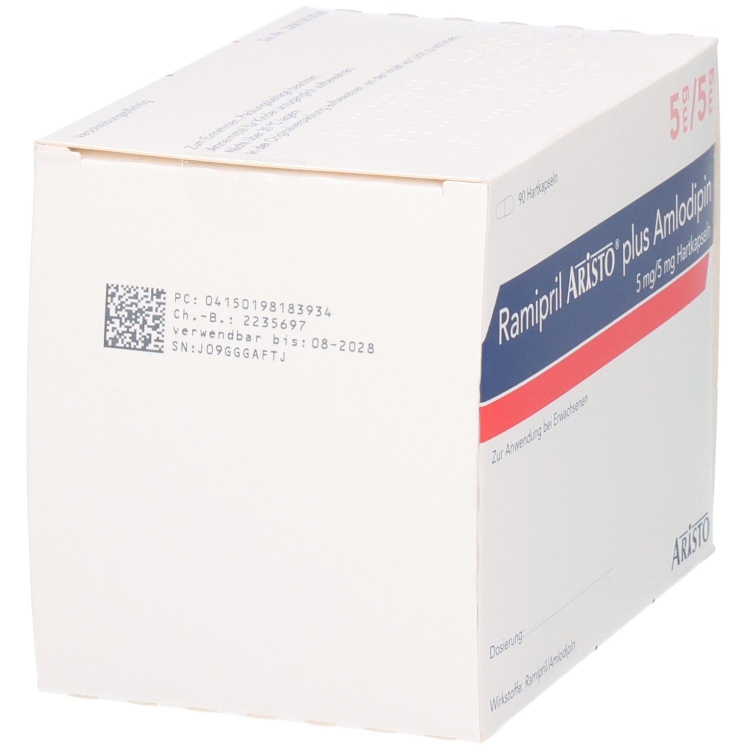 Verpackung Ramipril Aristo plus Amlodipin 5 mg/5 mg Hartkapseln mit Chargennummer und Verfallsdatum.