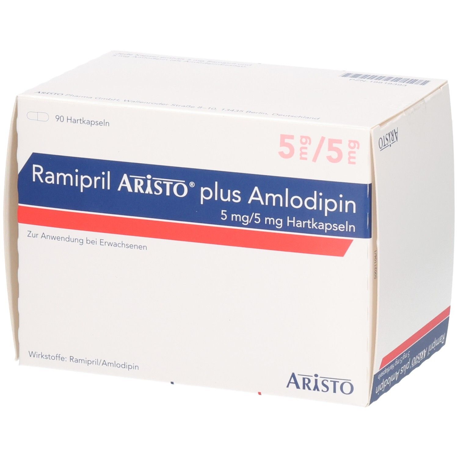 Ramipril Aristo plus Amlodipin 5 mg/5 mg Hartkapseln, 90 Stück, Vorderseite.