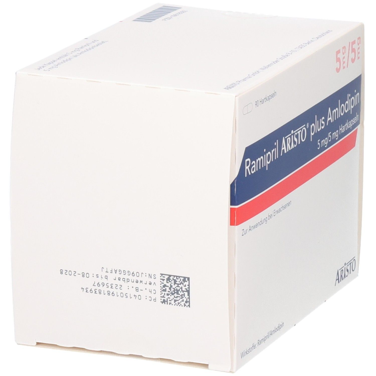 Rückseite der Verpackung Ramipril Aristo plus Amlodipin 5 mg/5 mg Hartkapseln mit Barcode.