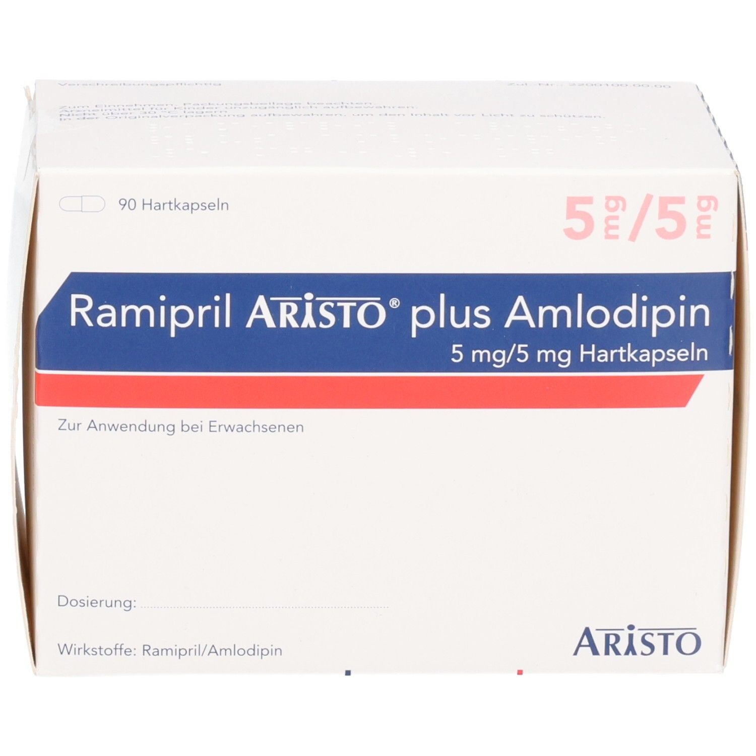 Ramipril Aristo plus Amlodipin 5 mg/5 mg Hartkapseln, 90 Stück, Detailansicht.