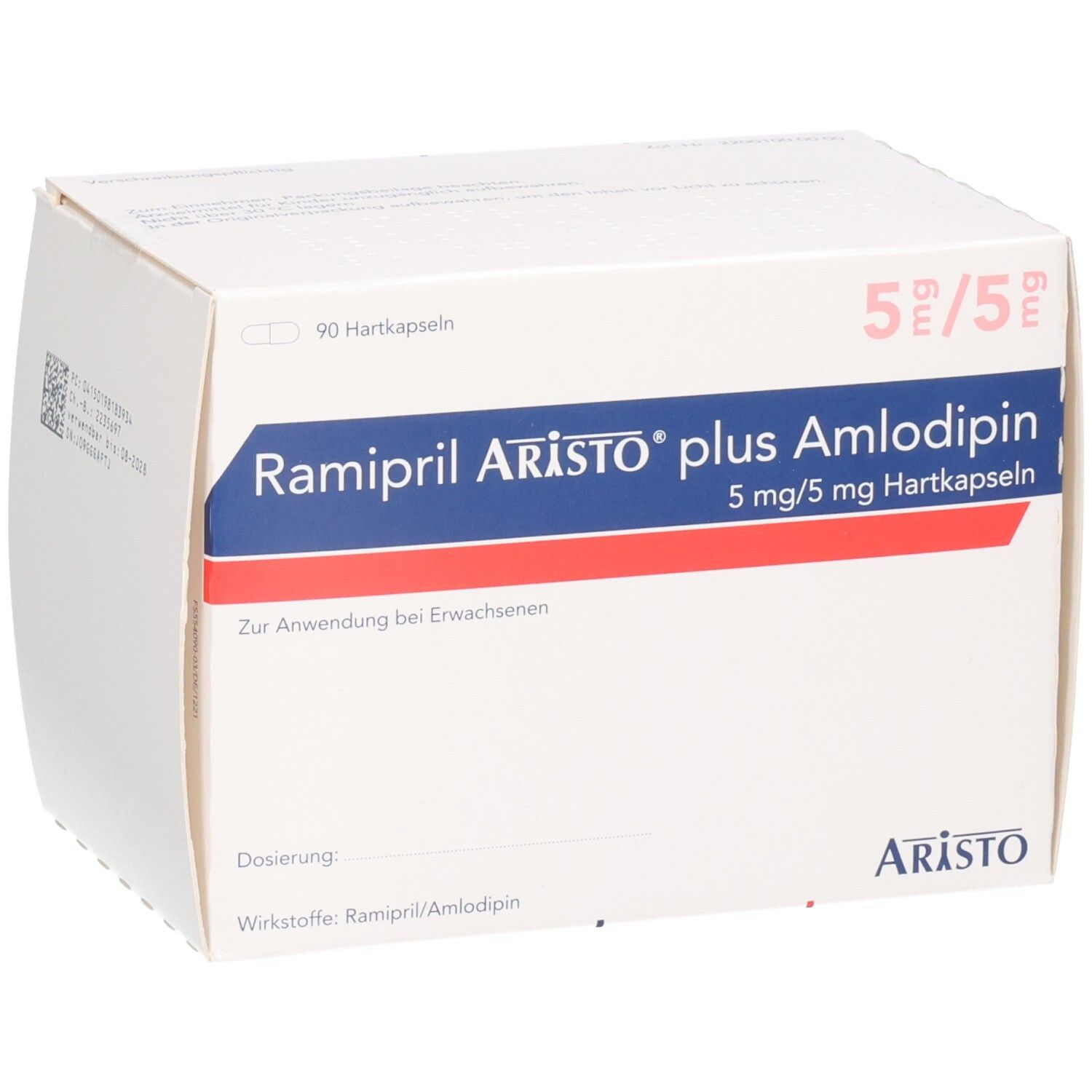 Verpackung Ramipril Aristo plus Amlodipin 5 mg/5 mg Hartkapseln, 90 Stück.