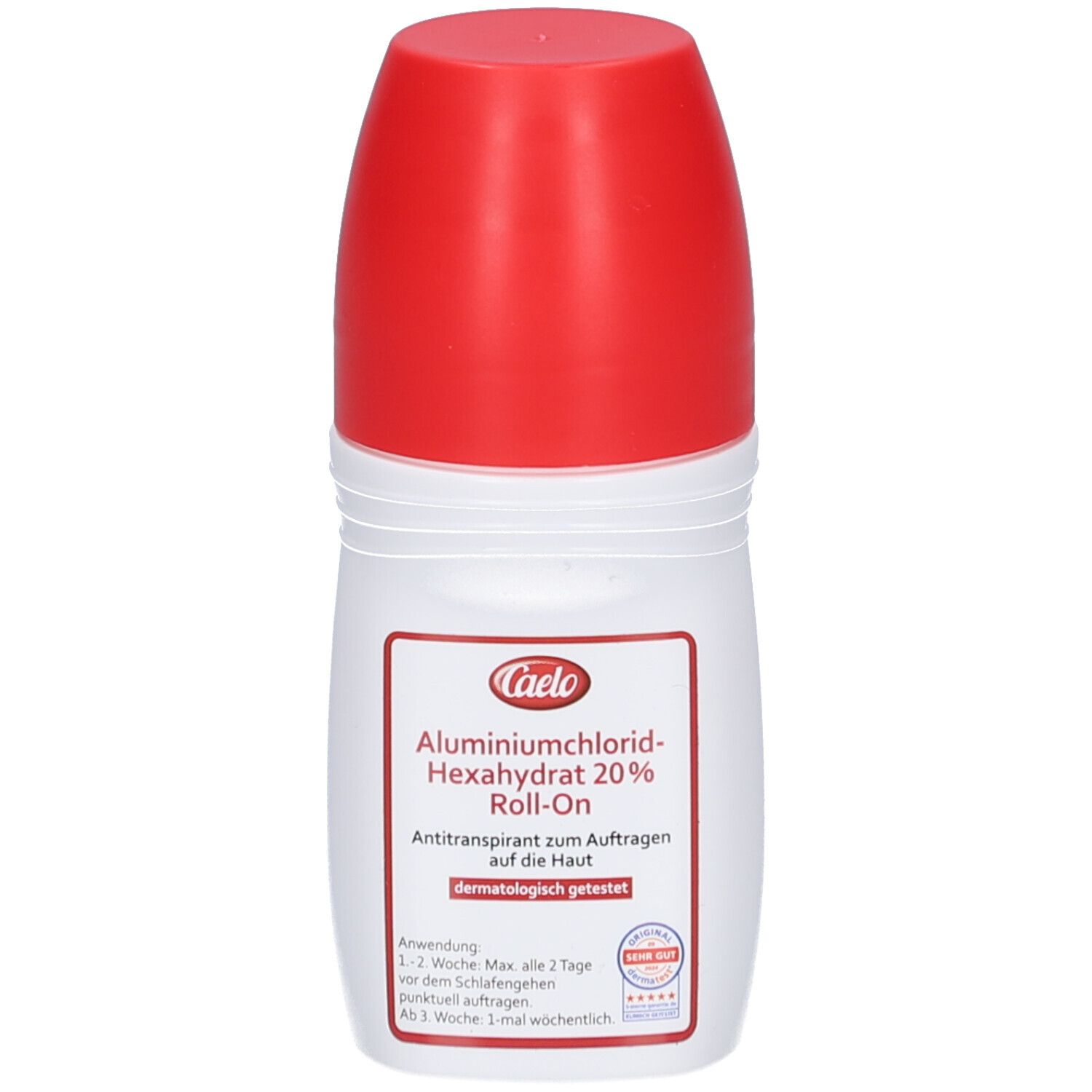 Weiße Roll-on Flasche mit rotem Verschluss. Enthält Aluminiumchlorid-Hexahydrat 20% Roll-on.
