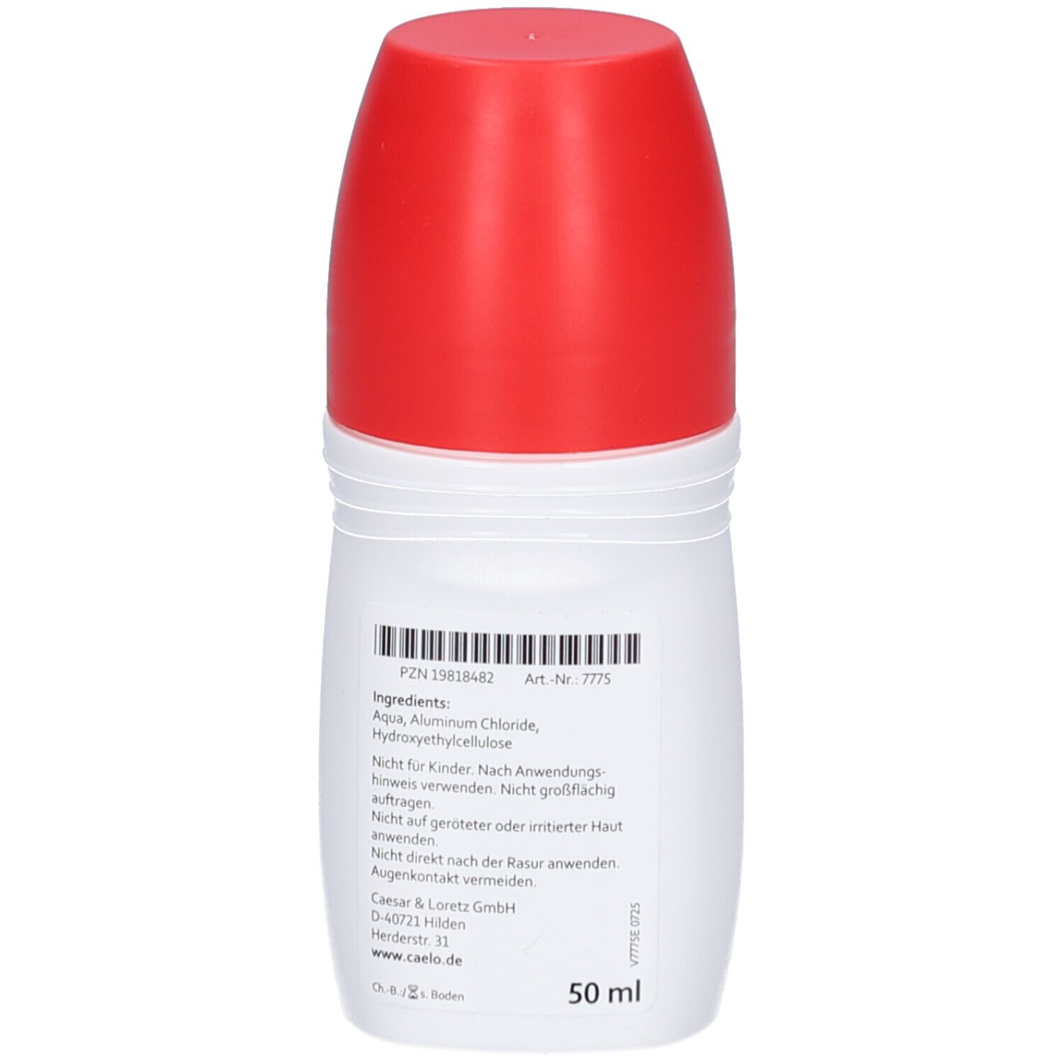 Rückseite einer weißen Roll-on Flasche mit rotem Verschluss. Enthält Inhaltsstoffe und 50 ml.