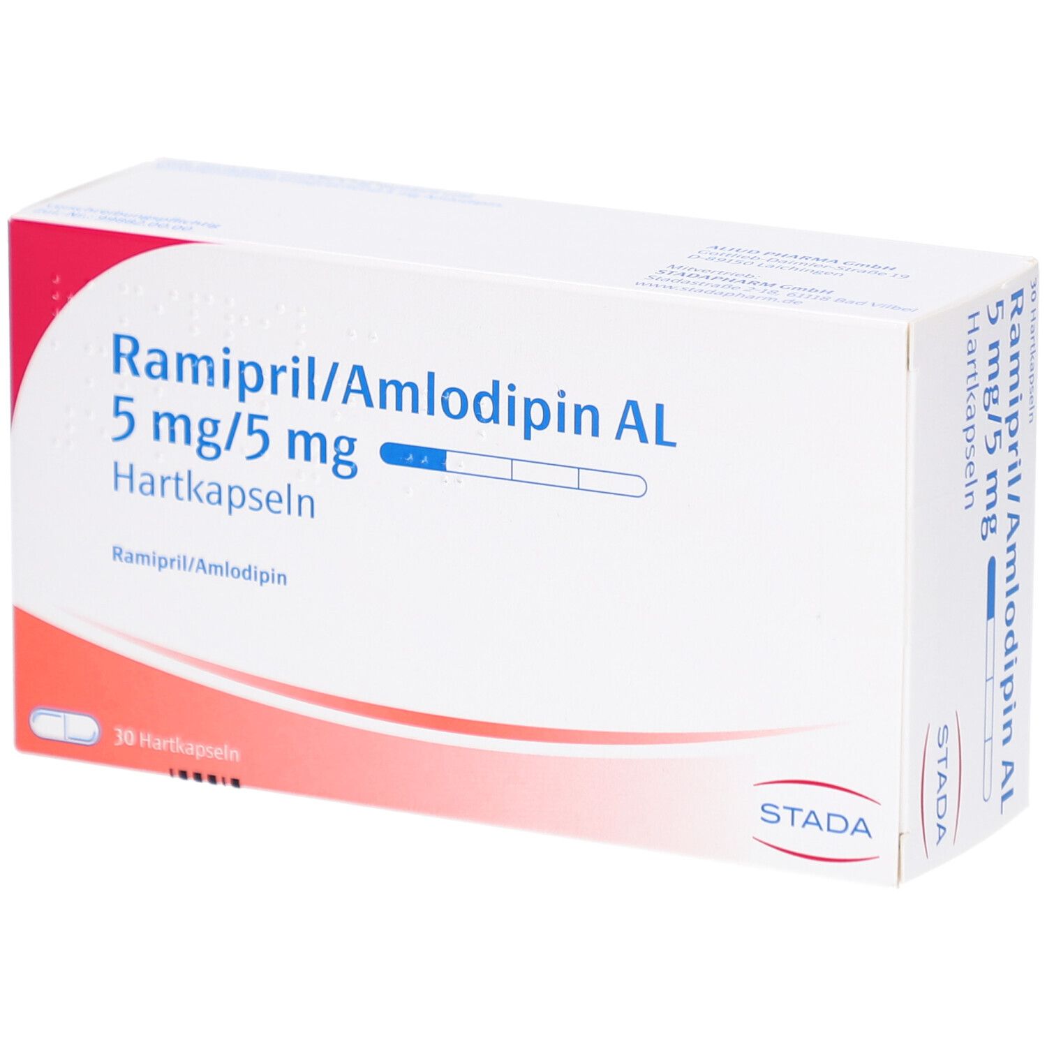 Weißer Karton mit blauer und roter Schrift. Aufschrift: Ramipril/Amlodipin AL 5 mg/5 mg Hartkapseln. STADA-Logo.