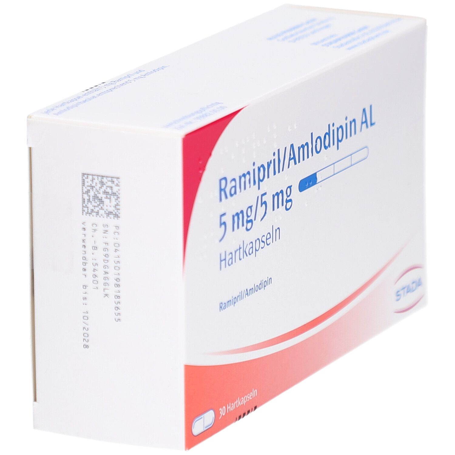 Karton mit roter und weißer Schrift. Aufschrift: Ramipril/Amlodipin AL 5 mg/5 mg Hartkapseln. STADA-Logo. Barcode.