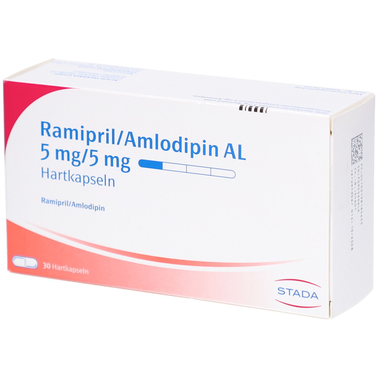 Weißer Karton mit blauer und roter Schrift. Aufschrift: Ramipril/Amlodipin AL 5 mg/5 mg Hartkapseln. STADA-Logo.