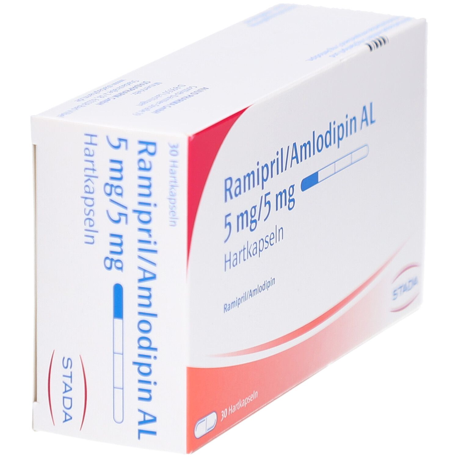 Karton mit roter und weißer Schrift. Aufschrift: Ramipril/Amlodipin AL 5 mg/5 mg Hartkapseln. STADA-Logo.