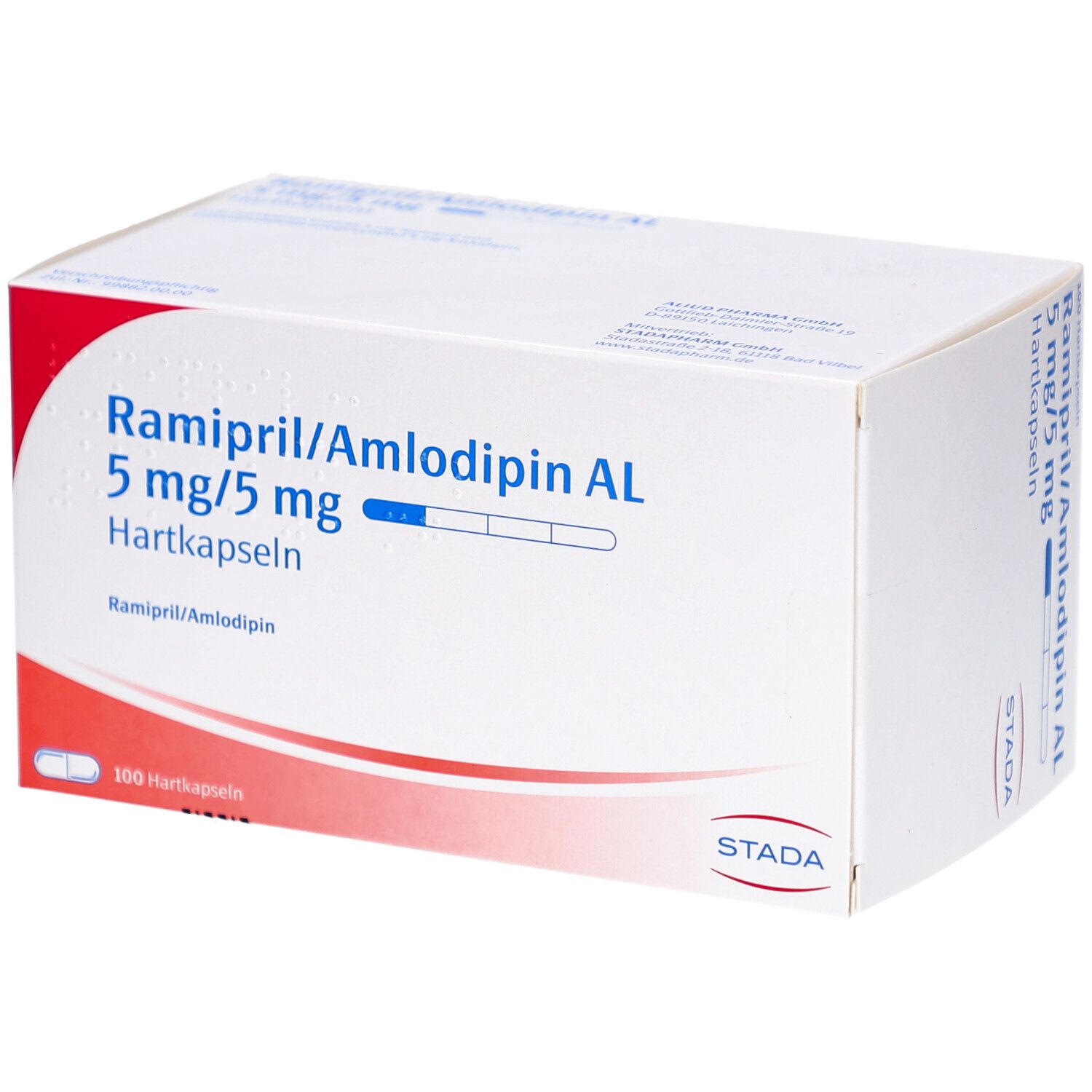 Weiße Schachtel mit rotem Akzent. Aufschrift: Ramipril/Amlodipin AL 5 mg/5 mg Hartkapseln. STADA-Logo.