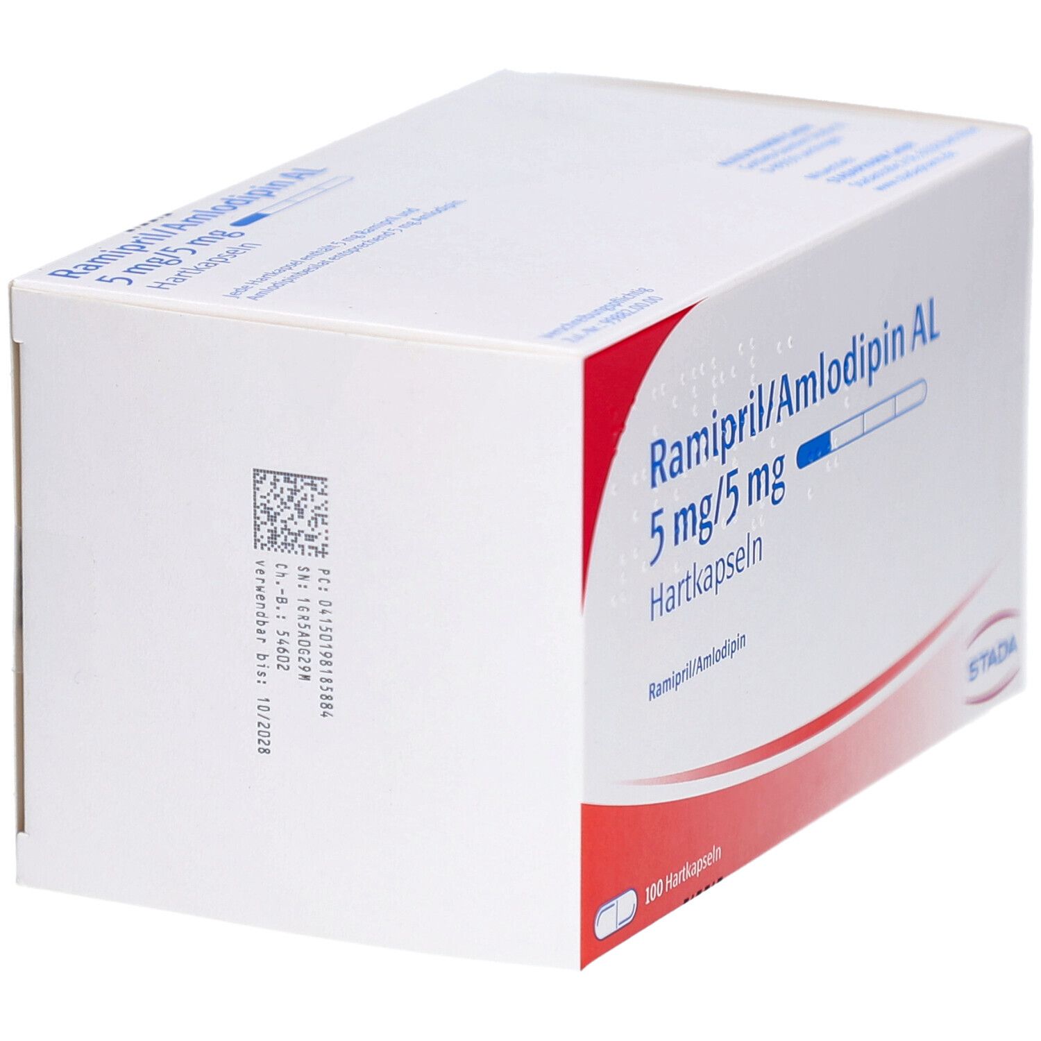 Weiße Schachtel, seitliche Ansicht. Aufschrift: Ramipril/Amlodipin AL 5 mg/5 mg Hartkapseln. STADA-Logo. QR-Code.
