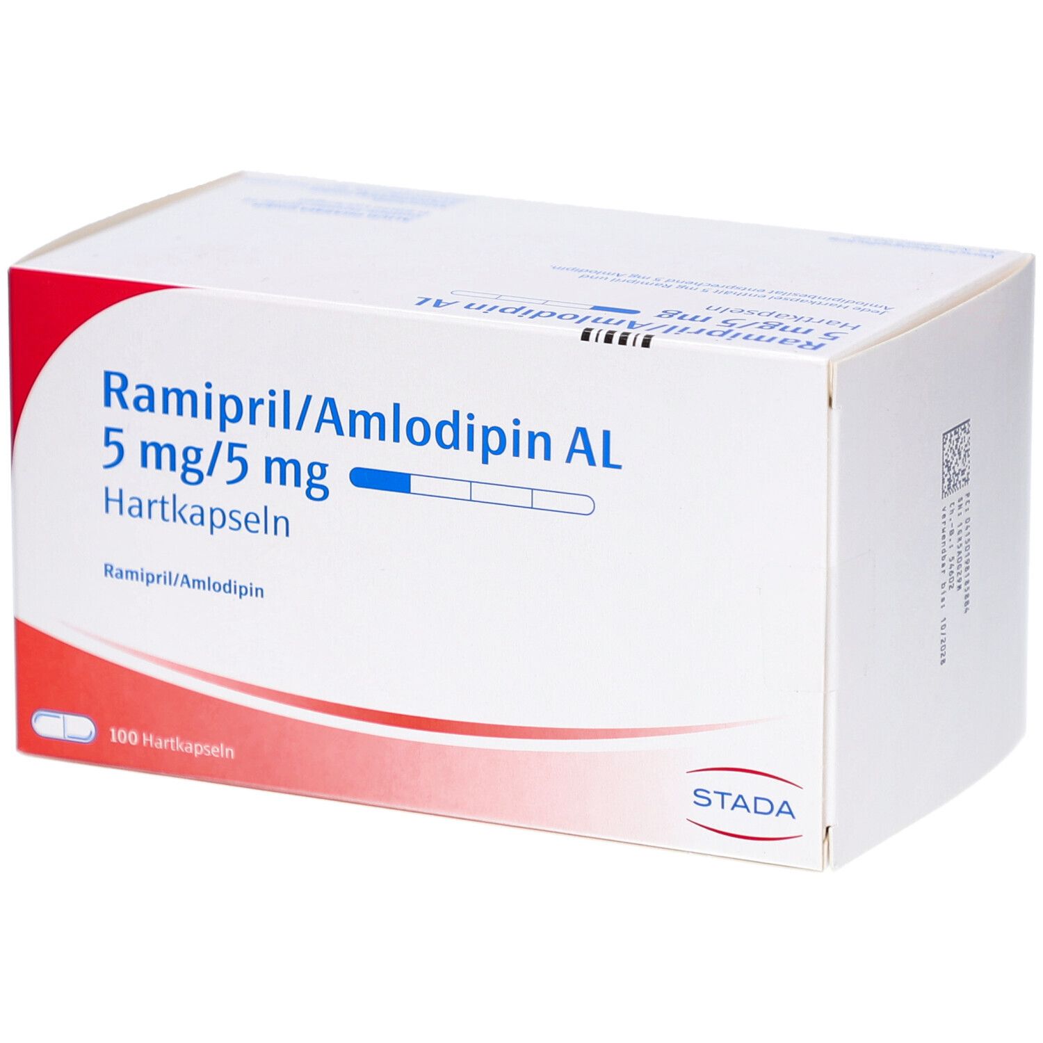 Weiße Schachtel mit rotem Akzent. Aufschrift: Ramipril/Amlodipin AL 5 mg/5 mg Hartkapseln. STADA-Logo. 100 Hartkapseln.