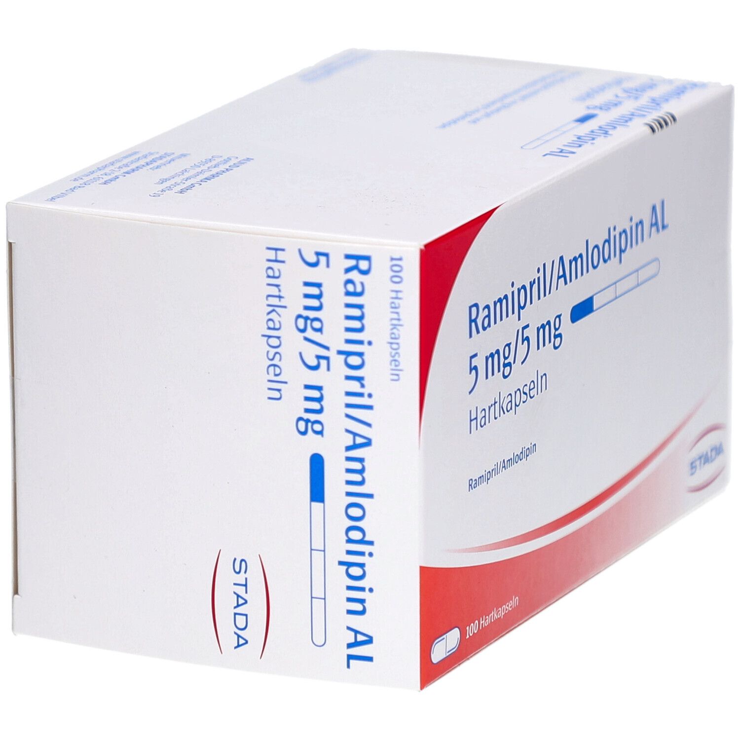 Weiße Schachtel, schräge Ansicht. Aufschrift: Ramipril/Amlodipin AL 5 mg/5 mg Hartkapseln. STADA-Logo. 100 Hartkapseln.