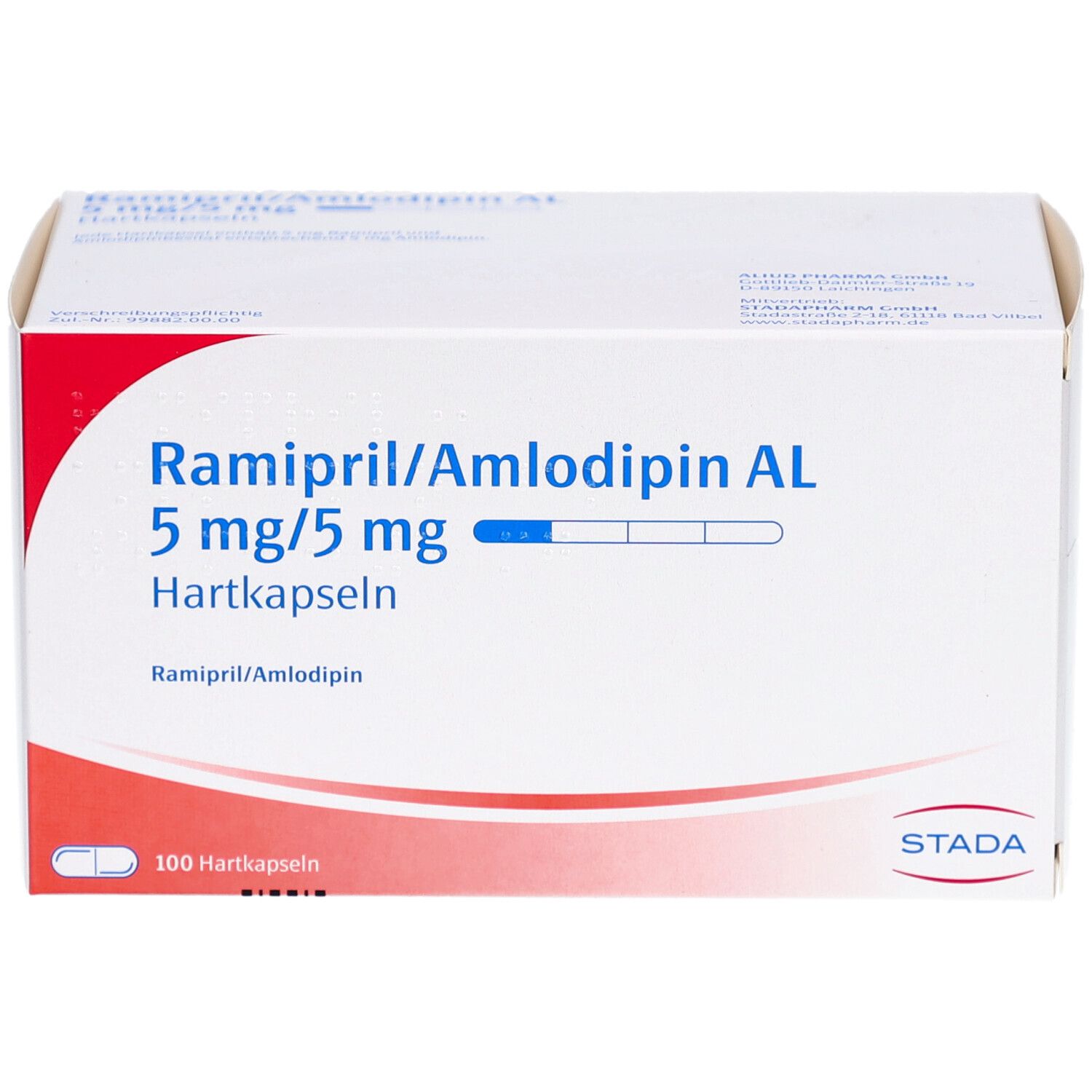 Weiße Schachtel. Aufschrift: Ramipril/Amlodipin AL 5 mg/5 mg Hartkapseln. STADA-Logo. 100 Hartkapseln.