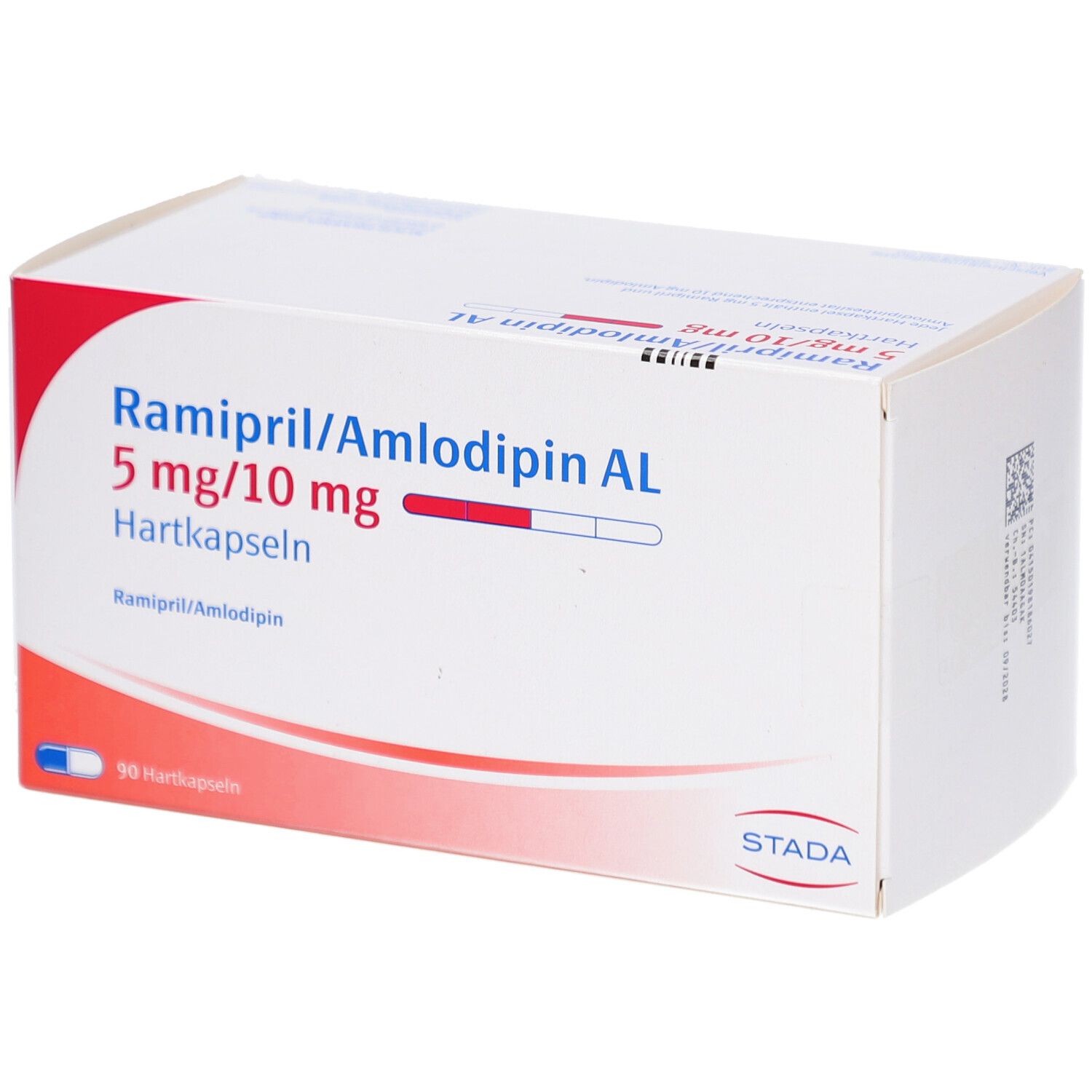 Karton RAMIPRIL/Amlodipin AL 5mg/10mg Hartkapseln. Weiß, rot und blau. Aufschrift: STADA, 5 mg/10 mg, 90 Hartkapseln. Sichtbare Kapsel-Grafik.
