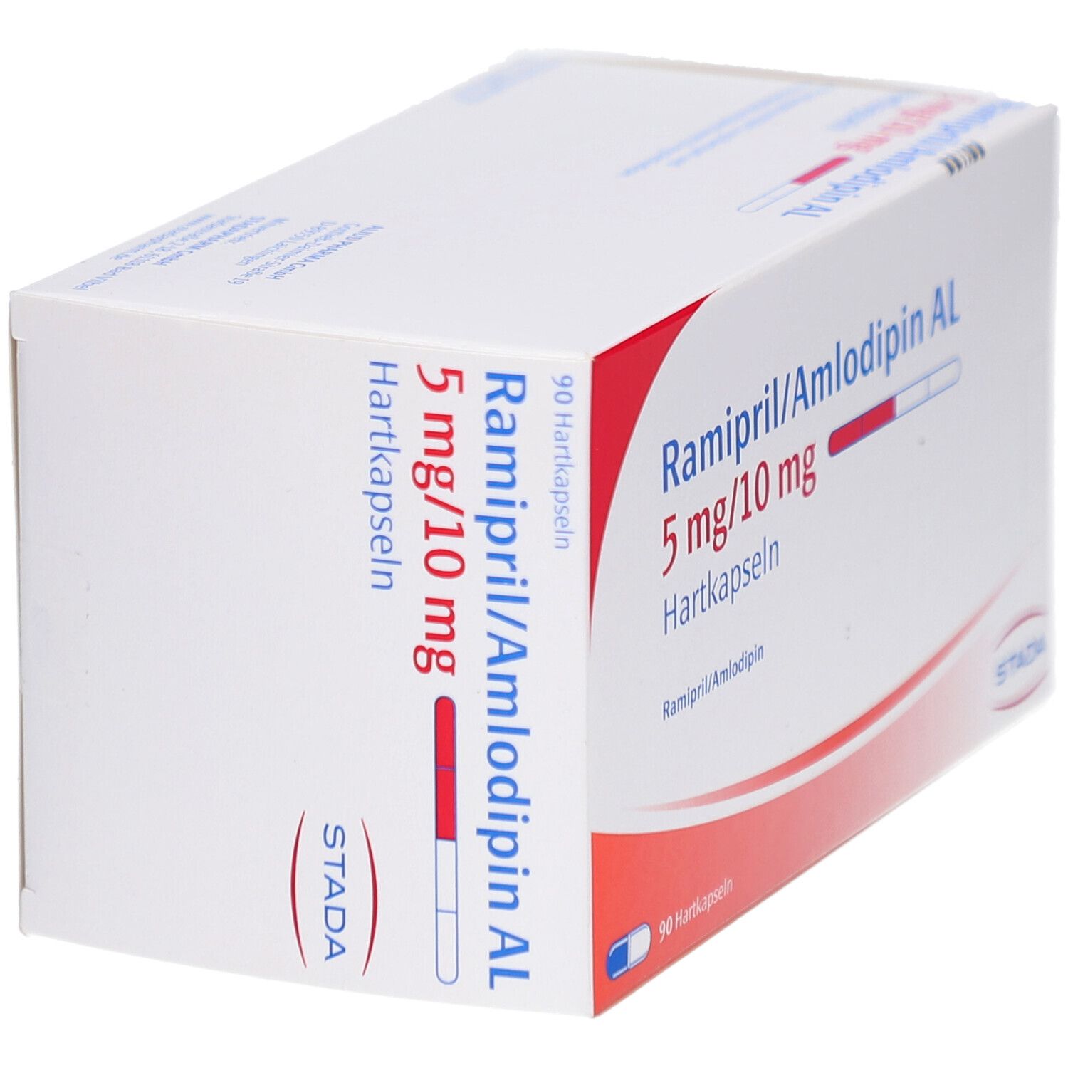 Karton RAMIPRIL/Amlodipin AL 5mg/10mg Hartkapseln. Weiß, rot und blau. Aufschrift: STADA, 5 mg/10 mg, 90 Hartkapseln. Sichtbare Kapsel-Grafik.