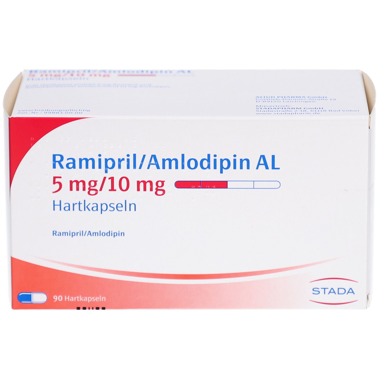 Karton RAMIPRIL/Amlodipin AL 5mg/10mg Hartkapseln. Weiß, rot und blau. Aufschrift: STADA, 5 mg/10 mg, 90 Hartkapseln. Sichtbare Kapsel-Grafik.