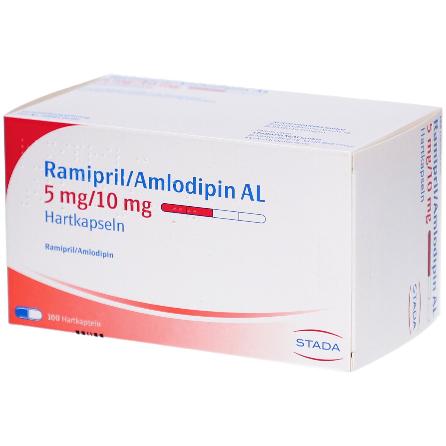 Weiße Faltschachtel mit roter und blauer Grafik. Beschriftung: Ramipril/Amlodipin AL 5 mg/10 mg Hartkapseln. STADA-Logo.