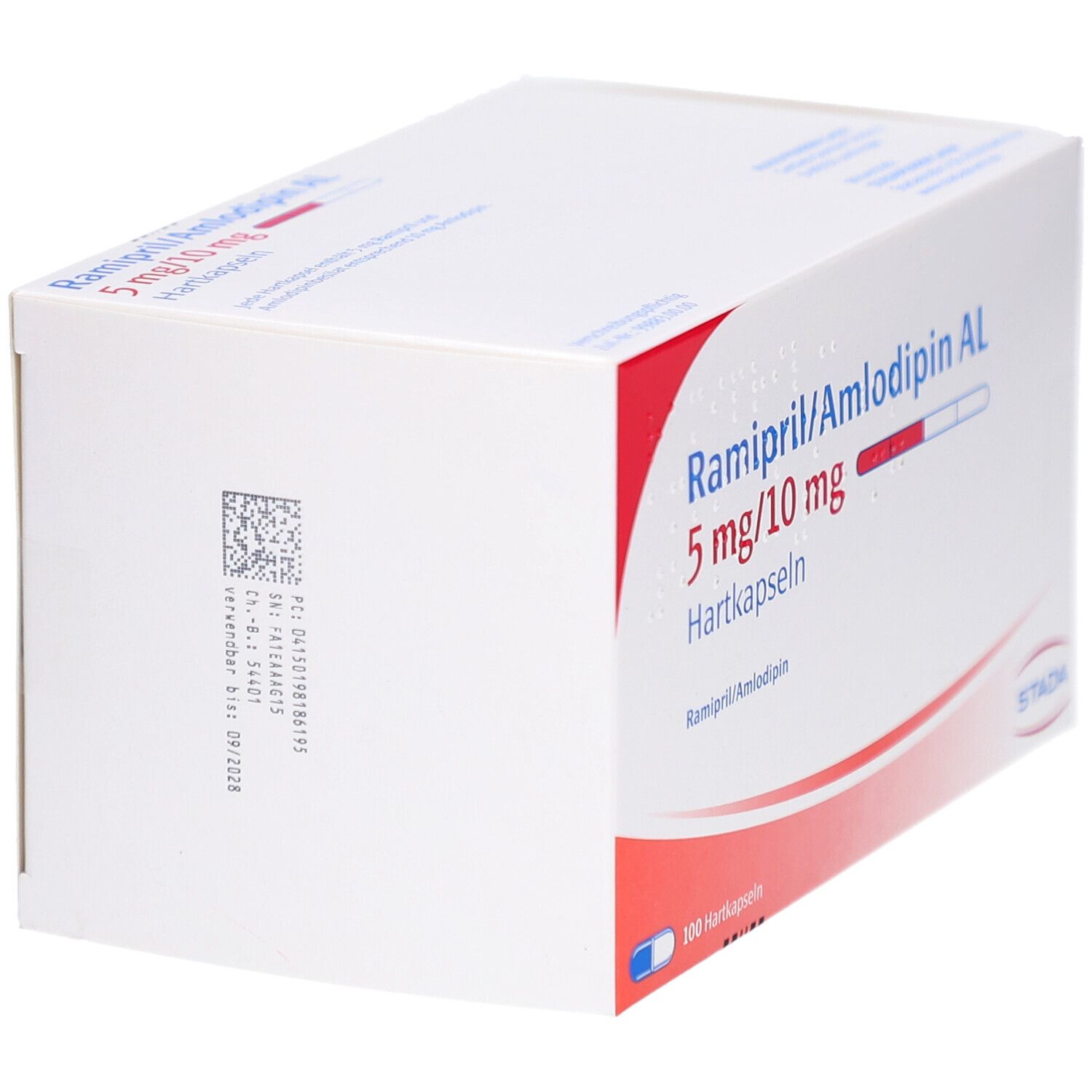 Weiße Faltschachtel mit roter und blauer Grafik. Beschriftung: Ramipril/Amlodipin AL 5 mg/10 mg Hartkapseln. STADA-Logo. Barcode.