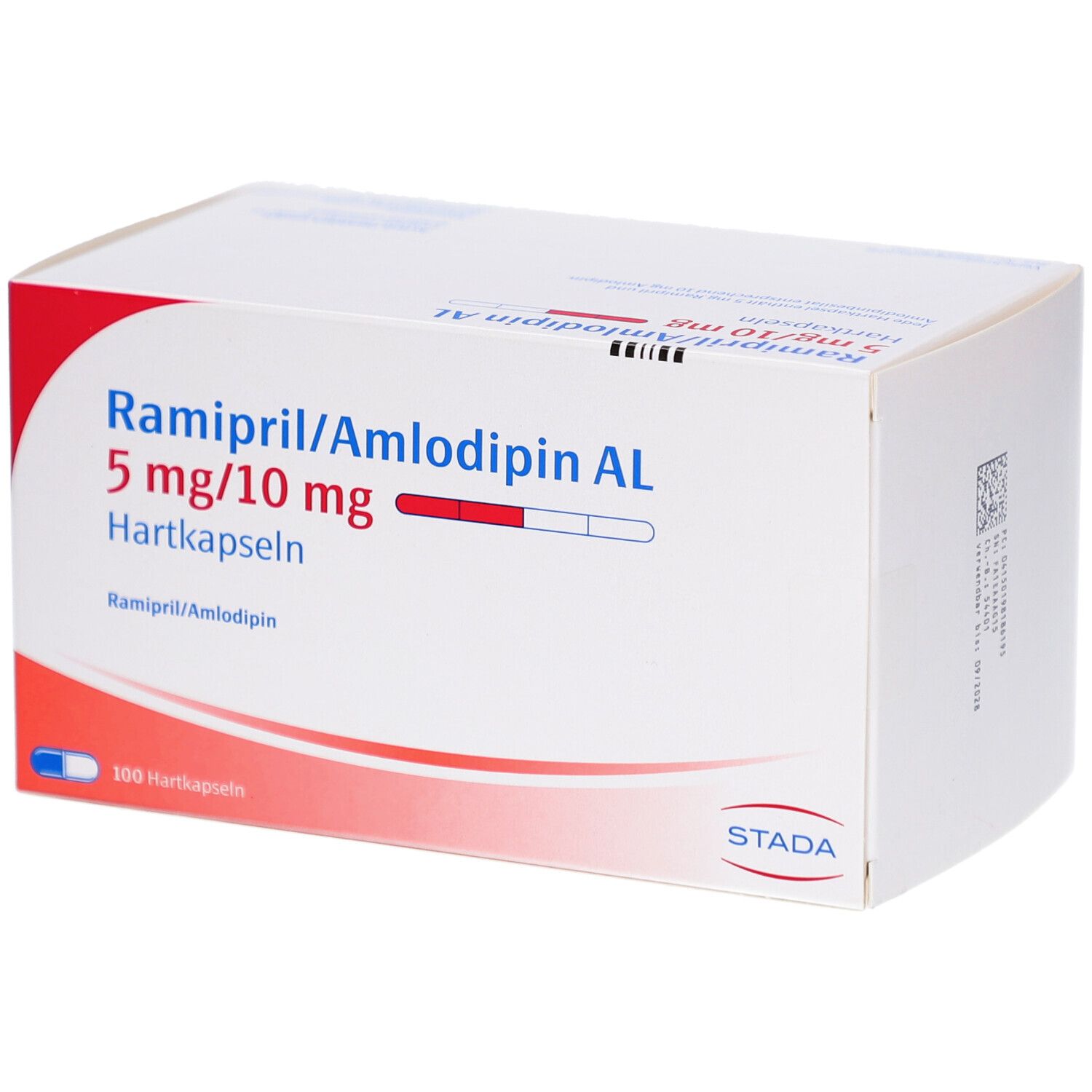 Weiße Faltschachtel mit roter und blauer Grafik. Beschriftung: Ramipril/Amlodipin AL 5 mg/10 mg Hartkapseln. STADA-Logo. Barcode.