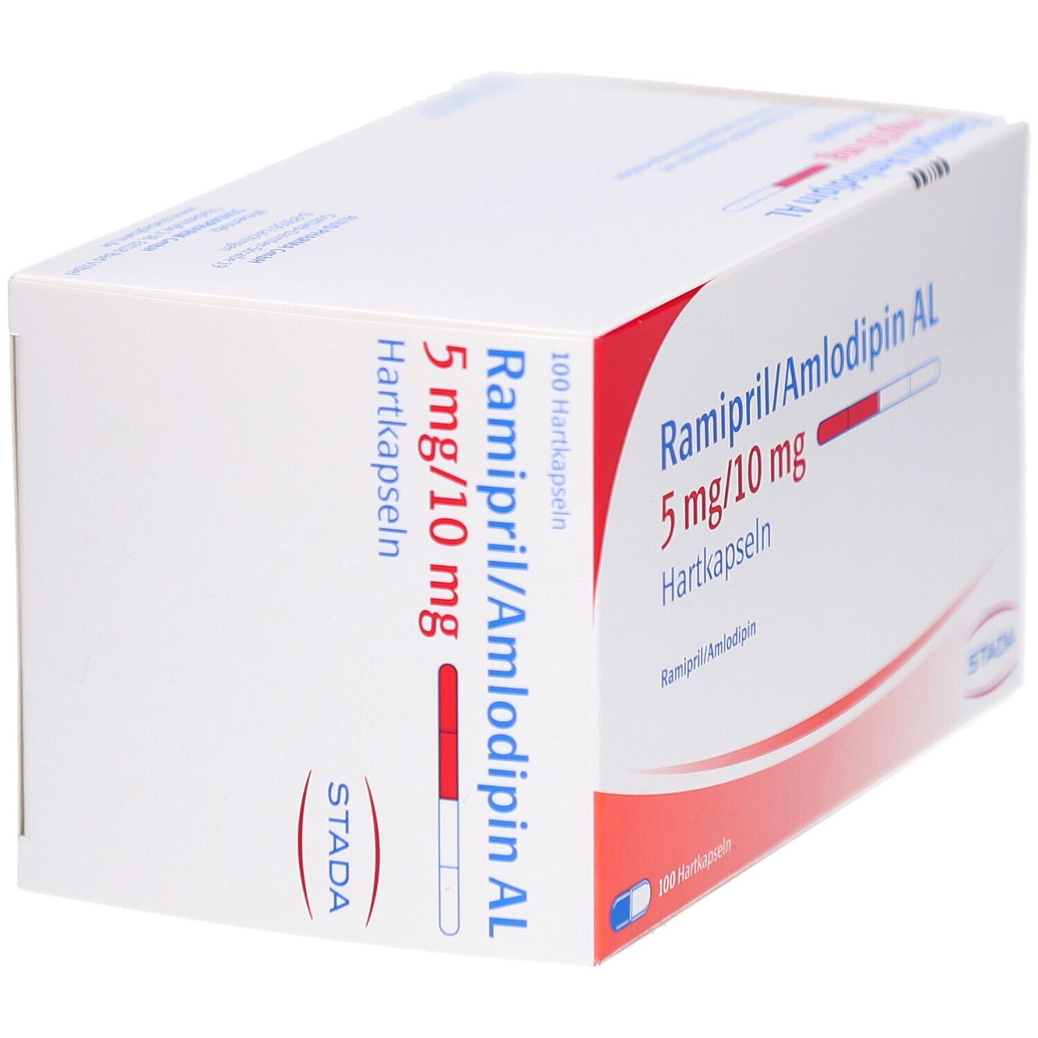Weiße Faltschachtel mit roter und blauer Grafik. Beschriftung: Ramipril/Amlodipin AL 5 mg/10 mg Hartkapseln. STADA-Logo.