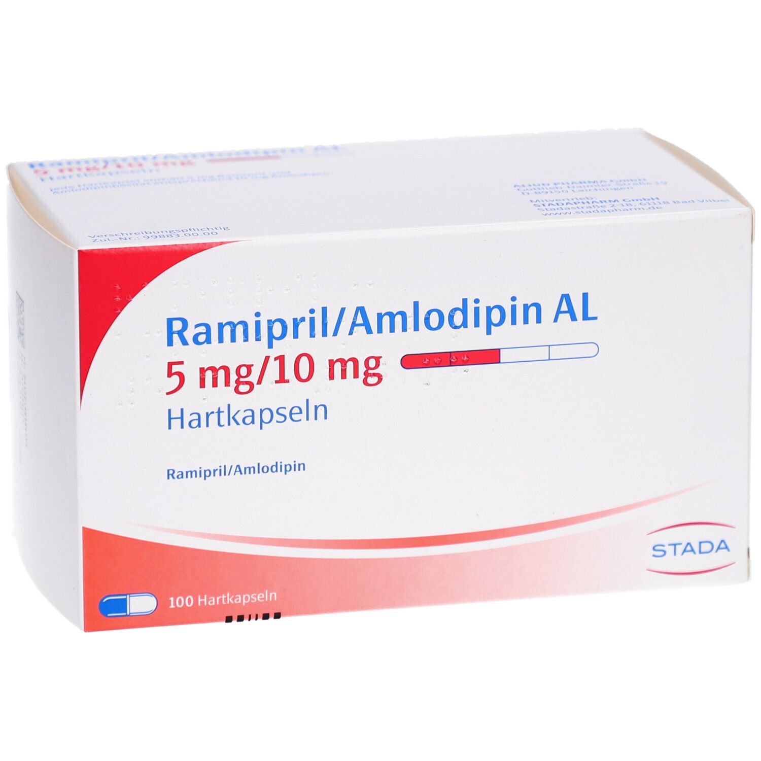 Weiße Faltschachtel mit roter und blauer Grafik. Beschriftung: Ramipril/Amlodipin AL 5 mg/10 mg Hartkapseln. STADA-Logo.