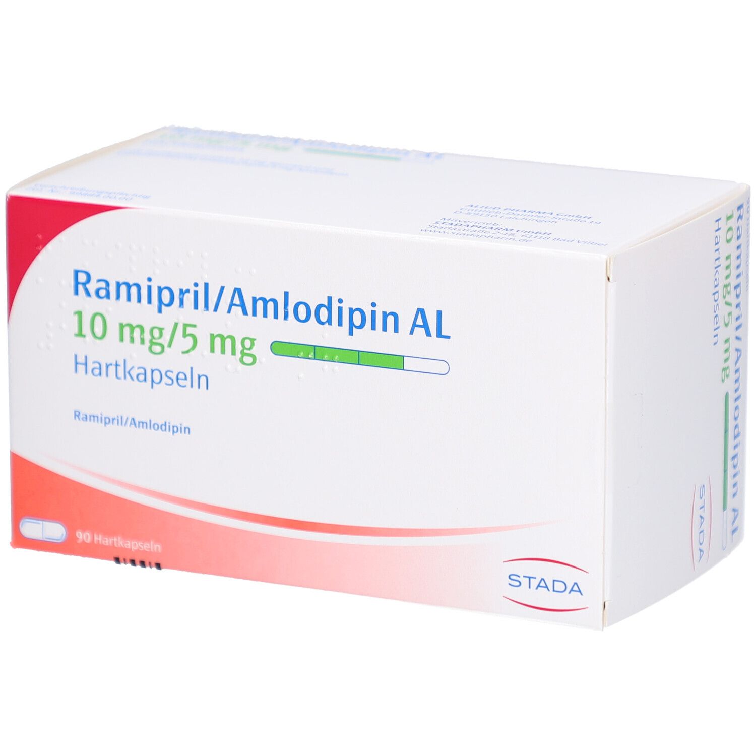 Weißer Karton mit blauer Aufschrift: Ramipril/Amlodipin AL 10mg/5mg Hartkapseln. STADA Logo.