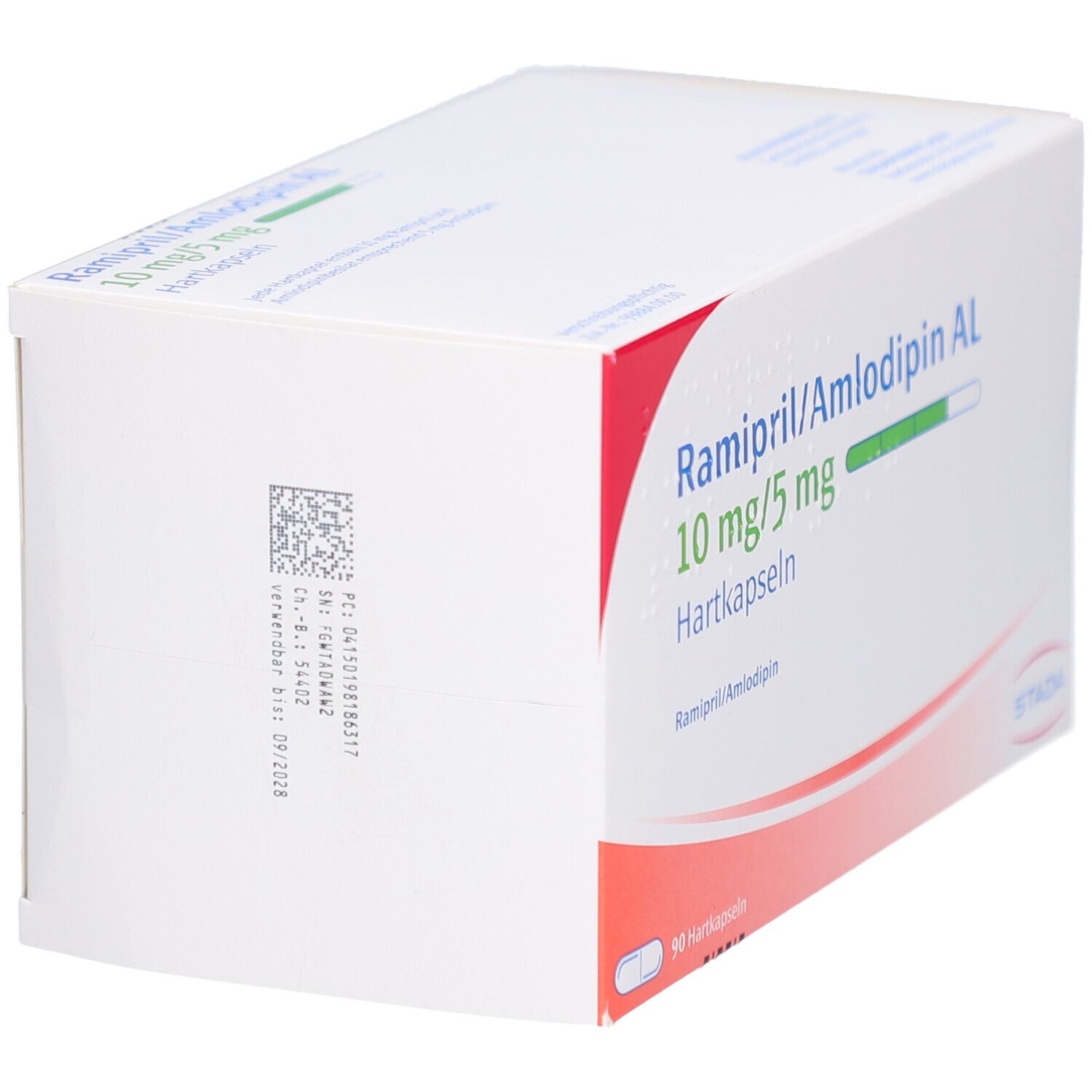 Weißer Karton, seitlich bedruckt mit Produktinformationen und Barcode. Roter Akzent. STADA Logo.