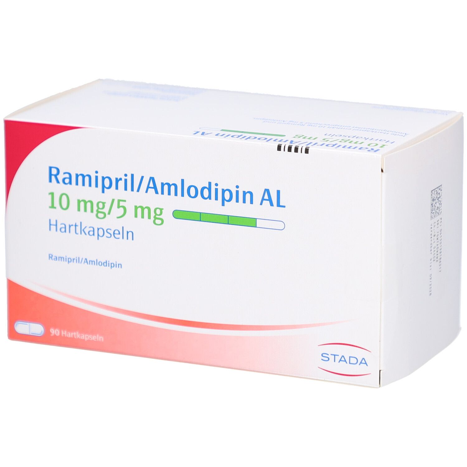 Weißer Karton mit blauer Aufschrift: Ramipril/Amlodipin AL 10mg/5mg Hartkapseln. STADA Logo.