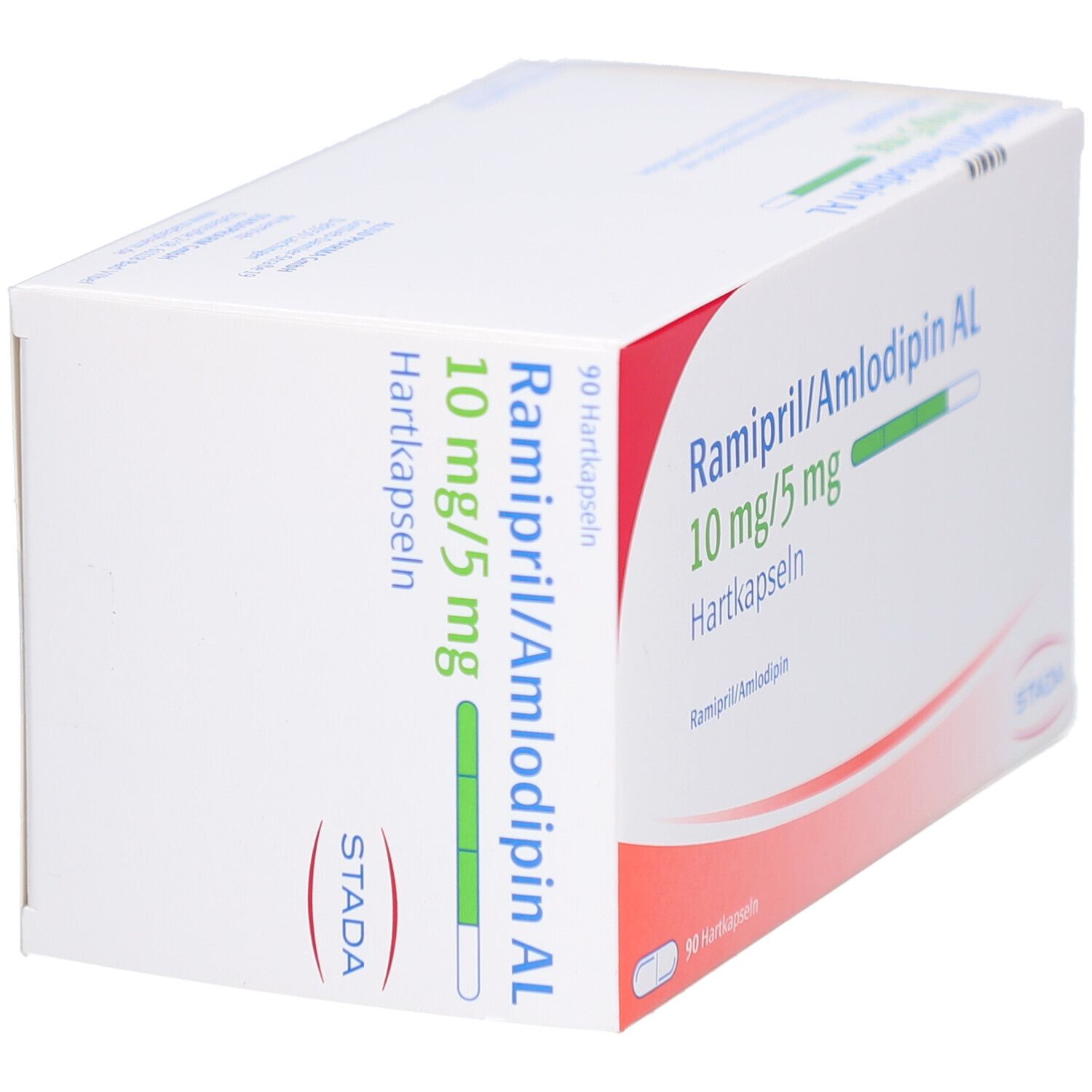 Weißer Karton, seitlich bedruckt mit Produktinformationen. Roter Akzent. STADA Logo. Aufschrift: Ramipril/Amlodipin.