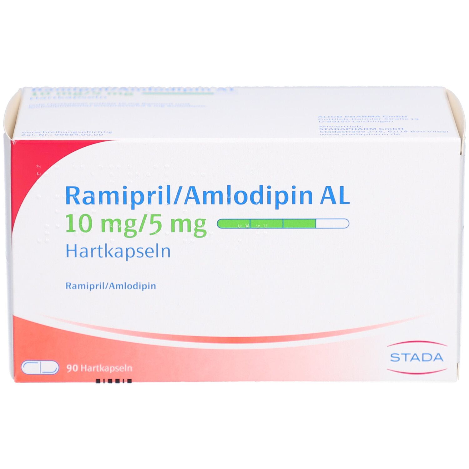 Weißer Karton mit blauer Aufschrift: Ramipril/Amlodipin AL 10mg/5mg Hartkapseln. STADA Logo. 90 Hartkapseln.