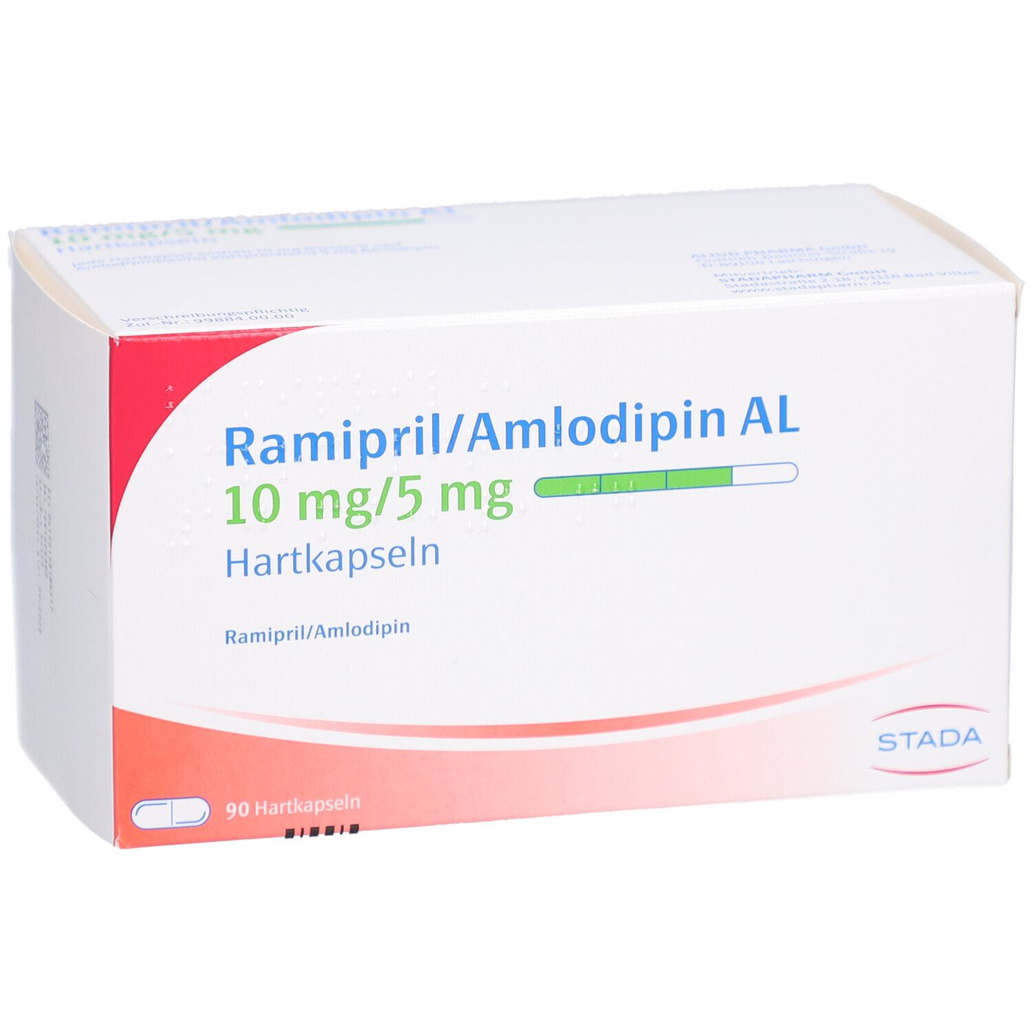 Weißer Karton mit blauer Aufschrift: Ramipril/Amlodipin AL 10mg/5mg Hartkapseln. STADA Logo. 90 Hartkapseln.