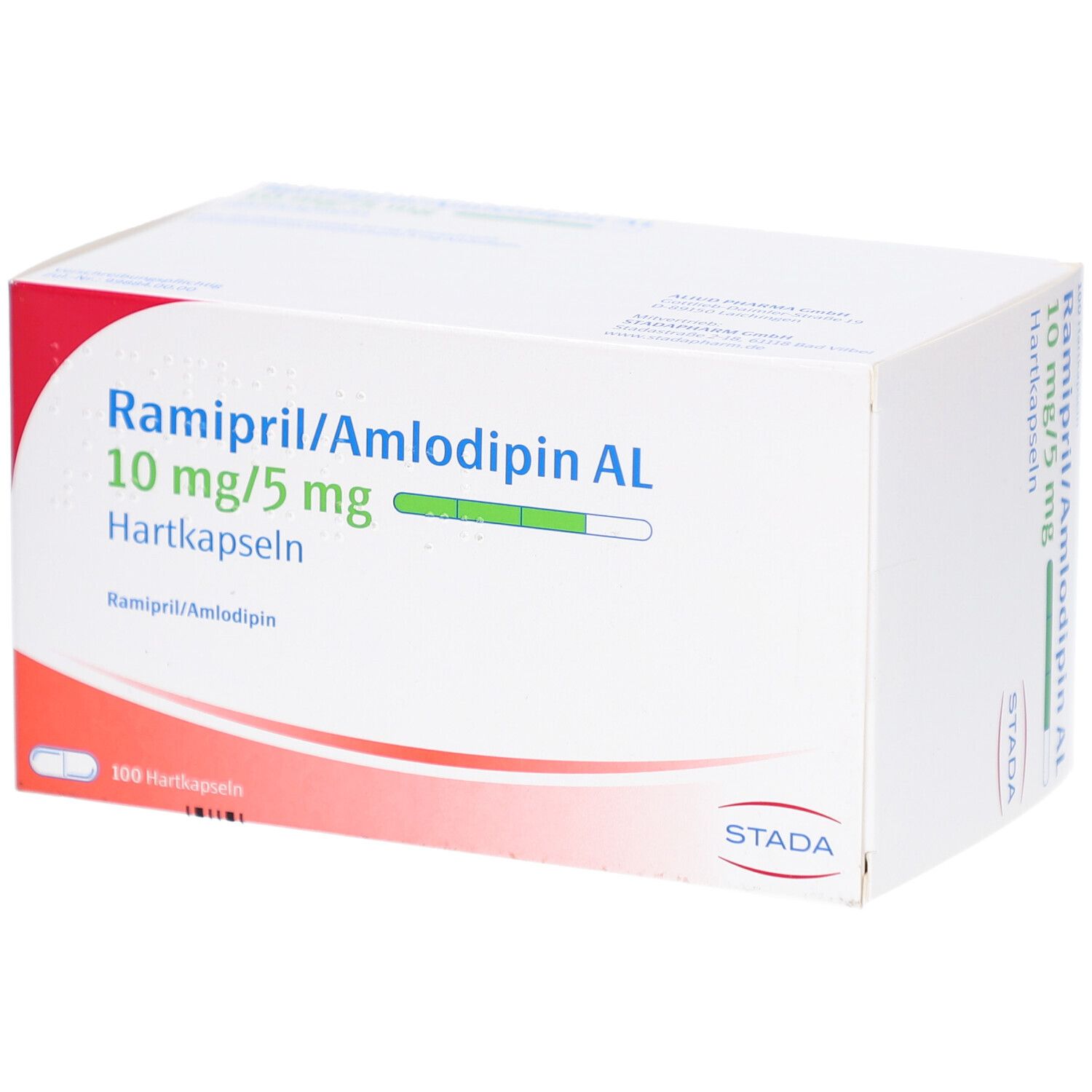 Weißer Karton mit Aufschrift Ramipril/Amlodipin AL 10mg/5mg Hartkapseln. STADA Logo. 100 Hartkapseln.