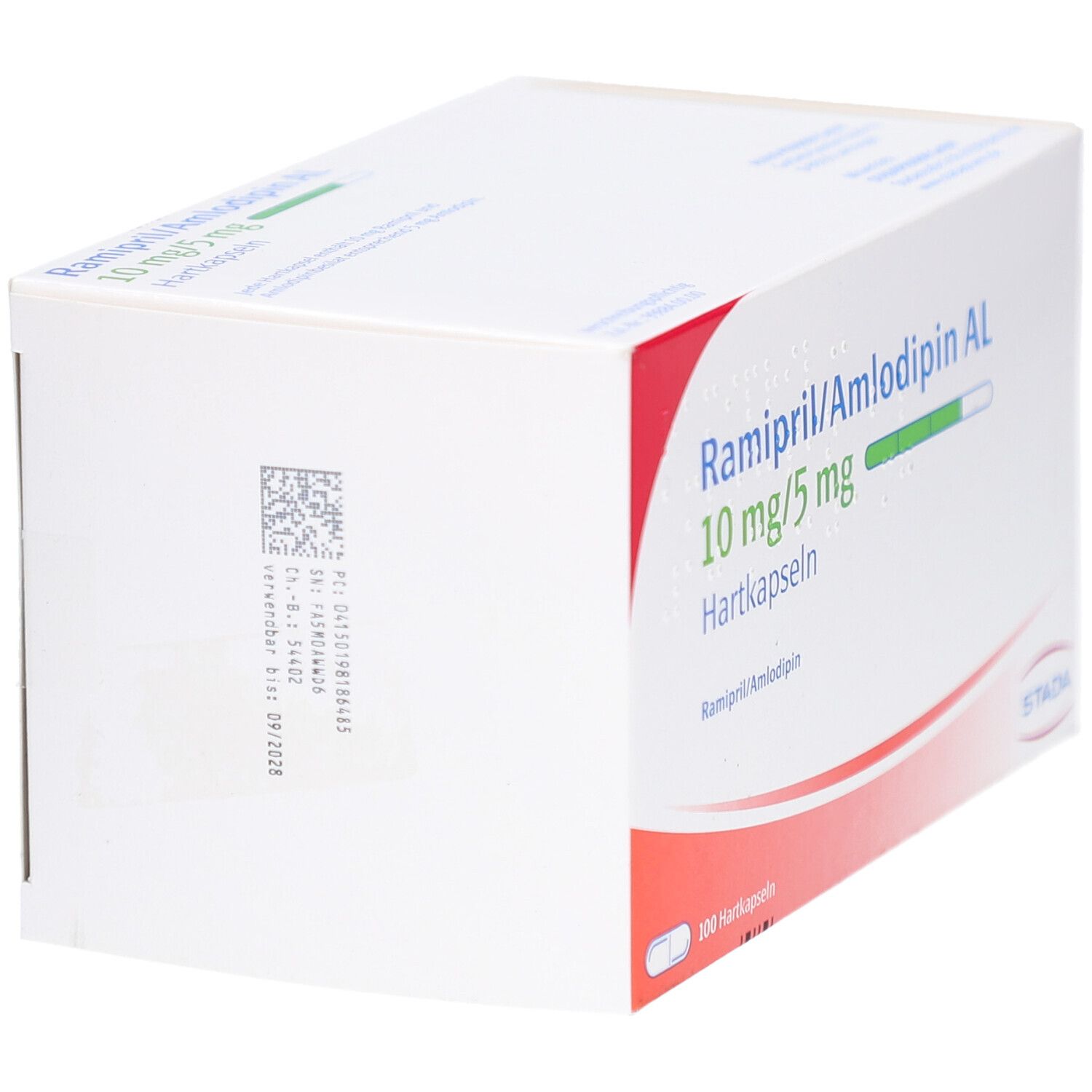 Weißer Karton mit Aufschrift Ramipril/Amlodipin AL 10mg/5mg Hartkapseln. STADA Logo. Barcode und andere Informationen.