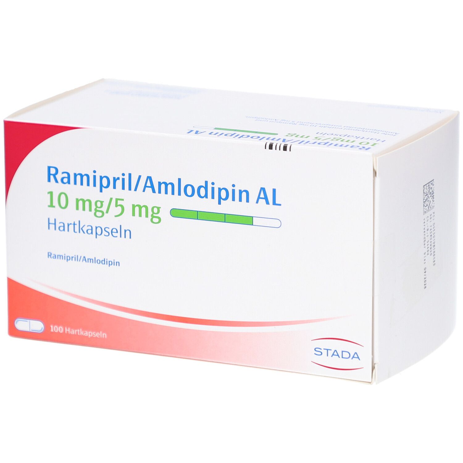 Weißer Karton mit Aufschrift Ramipril/Amlodipin AL 10mg/5mg Hartkapseln. STADA Logo. 100 Hartkapseln.