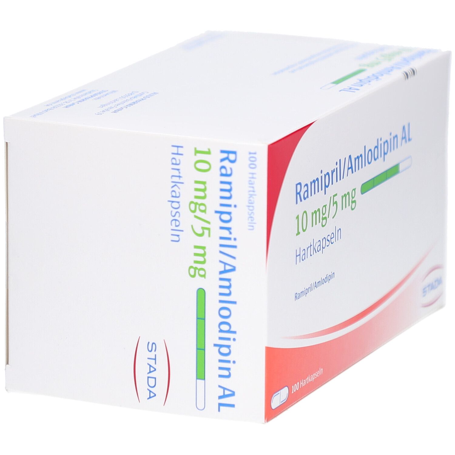 Weißer Karton mit Aufschrift Ramipril/Amlodipin AL 10mg/5mg Hartkapseln. STADA Logo. 100 Hartkapseln.