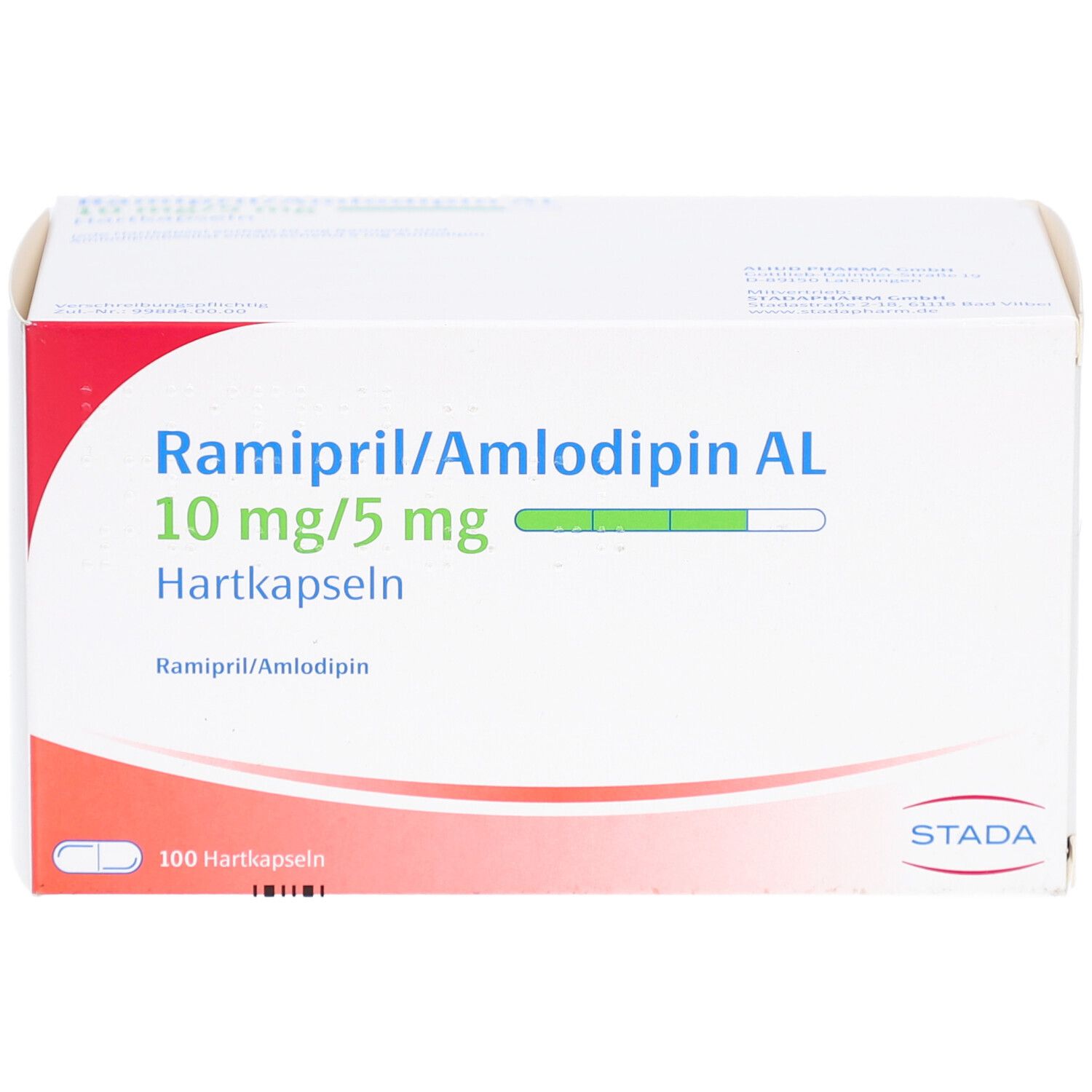 Weißer Karton mit Aufschrift Ramipril/Amlodipin AL 10mg/5mg Hartkapseln. STADA Logo. 100 Hartkapseln.