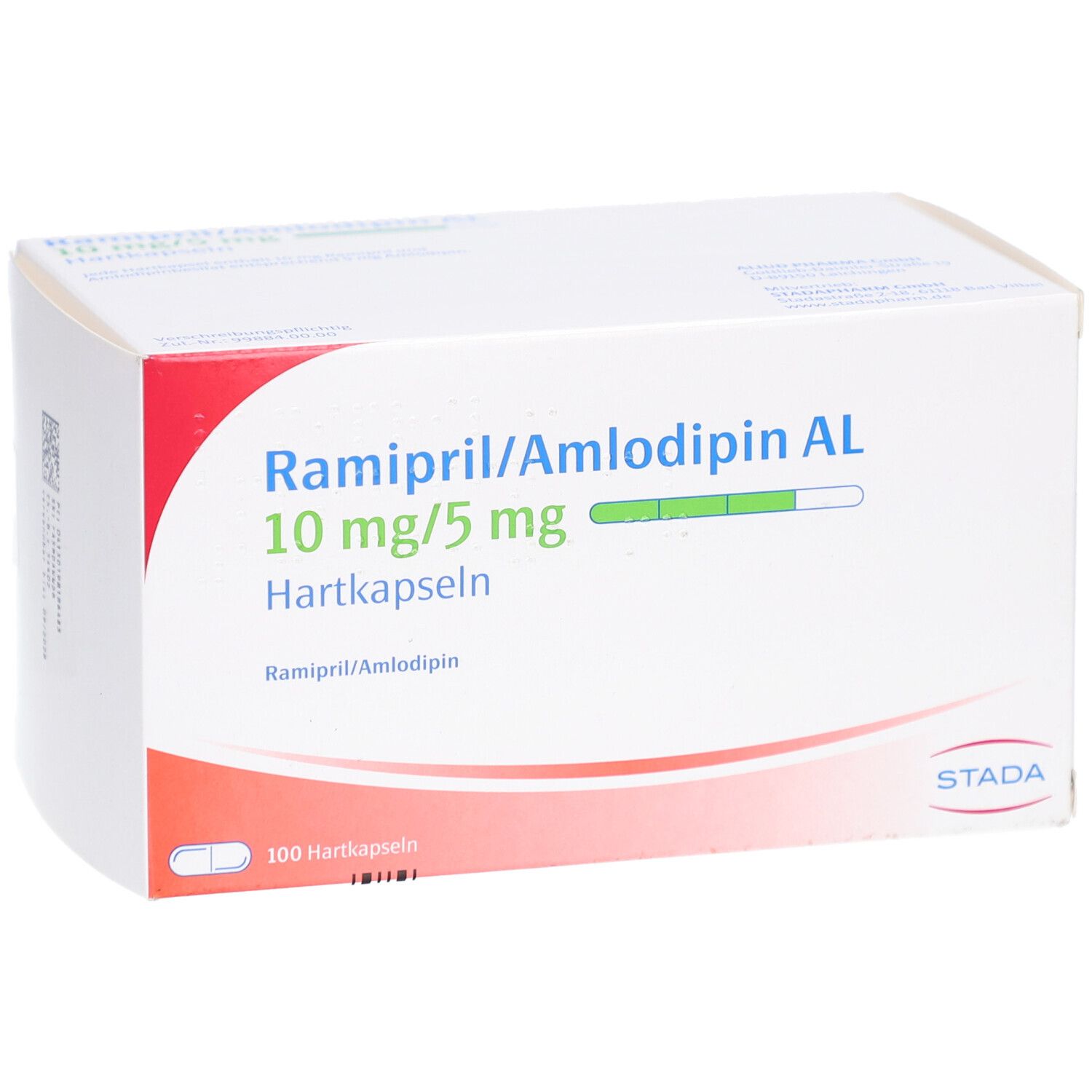 Weißer Karton mit Aufschrift Ramipril/Amlodipin AL 10mg/5mg Hartkapseln. STADA Logo. 100 Hartkapseln.