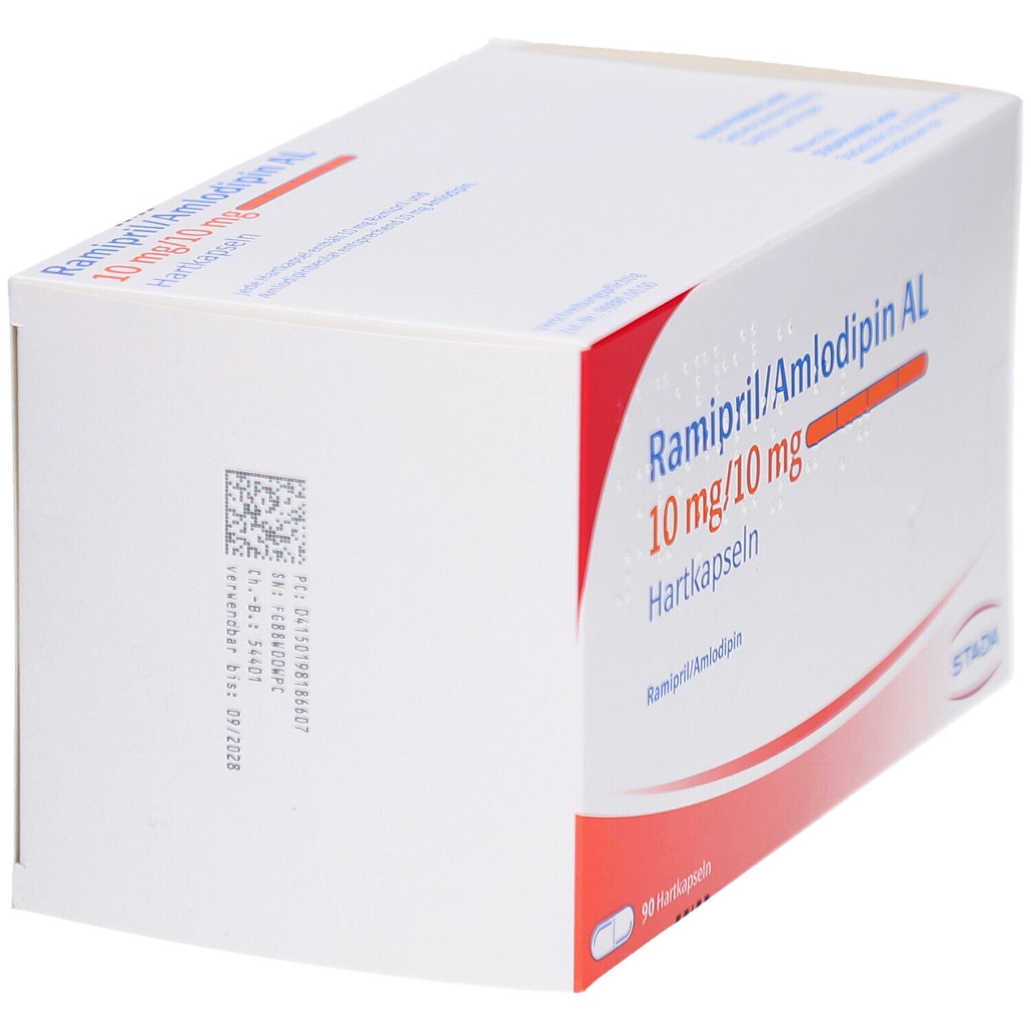 Weiße Faltschachtel mit blauer und roter Schrift. Aufschrift: Ramipril/Amlodipin AL 10mg/10mg Hartkapseln. STADA Logo.