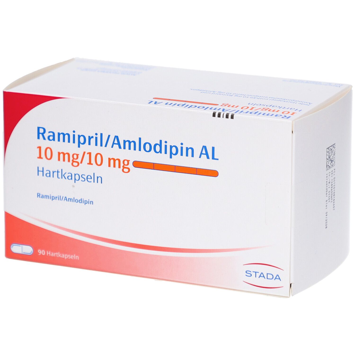 Weiße Faltschachtel mit blauer und roter Schrift. Aufschrift: Ramipril/Amlodipin AL 10mg/10mg Hartkapseln. STADA Logo.