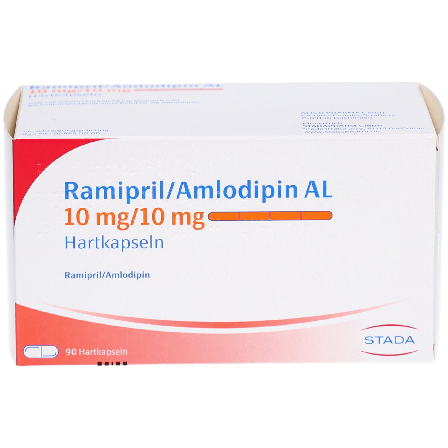 Weiße Faltschachtel mit blauer und roter Schrift. Aufschrift: Ramipril/Amlodipin AL 10mg/10mg Hartkapseln. STADA Logo.