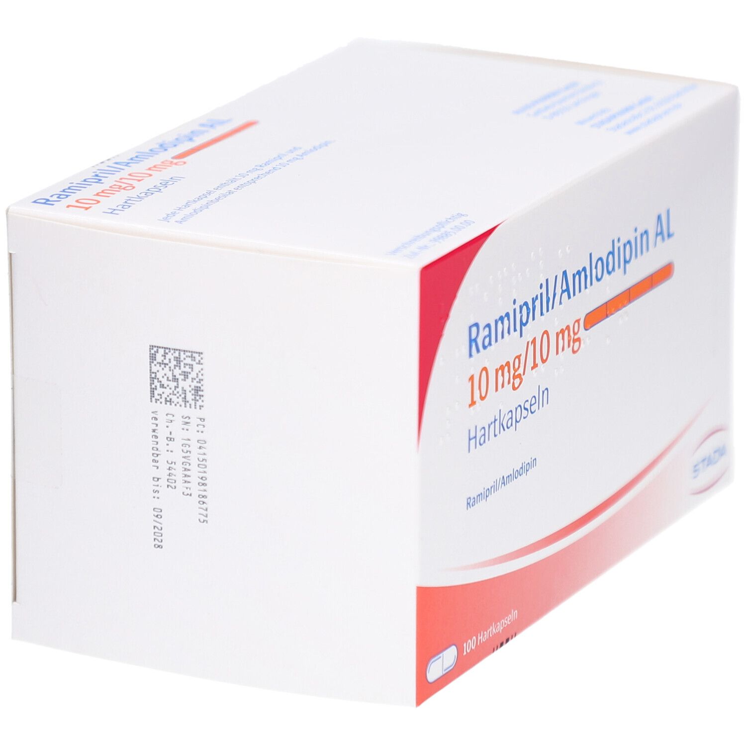 Weiße Arzneimittelverpackung mit roter und orangefarbener Beschriftung. Aufschrift: Ramipril/Amlodipin AL 10 mg/10 mg Hartkapseln. STADA.