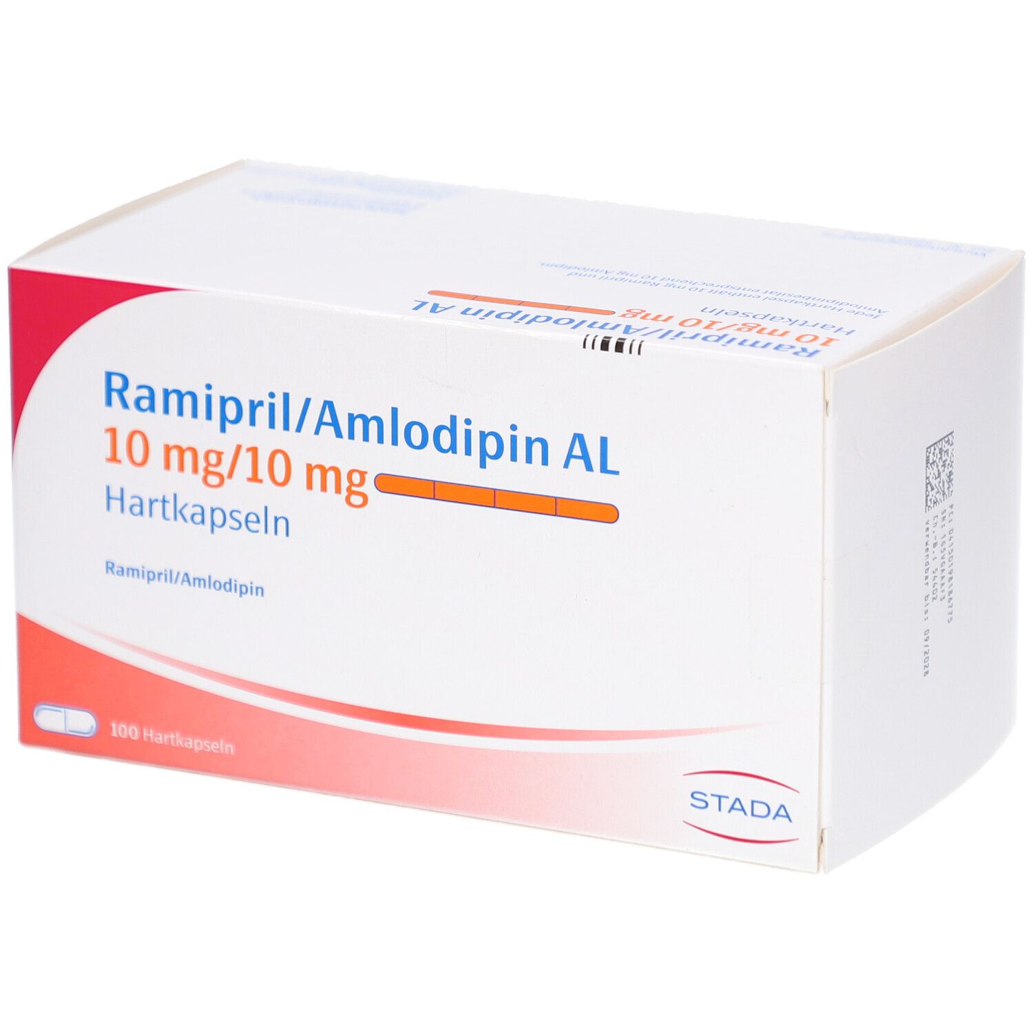 Weiße Arzneimittelverpackung mit roter und orangefarbener Beschriftung. Aufschrift: Ramipril/Amlodipin AL 10 mg/10 mg Hartkapseln. STADA. 100 Hartkapseln.