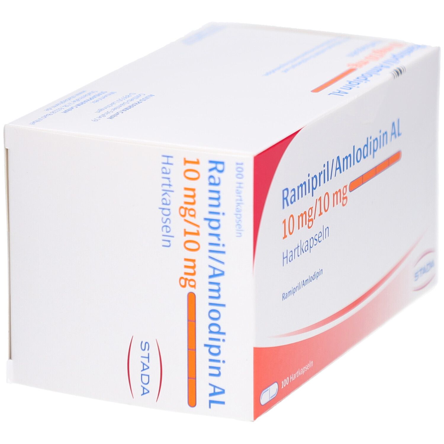 Weiße Arzneimittelverpackung mit roter und orangefarbener Beschriftung. Aufschrift: Ramipril/Amlodipin AL 10 mg/10 mg Hartkapseln. STADA. 100 Hartkapseln.