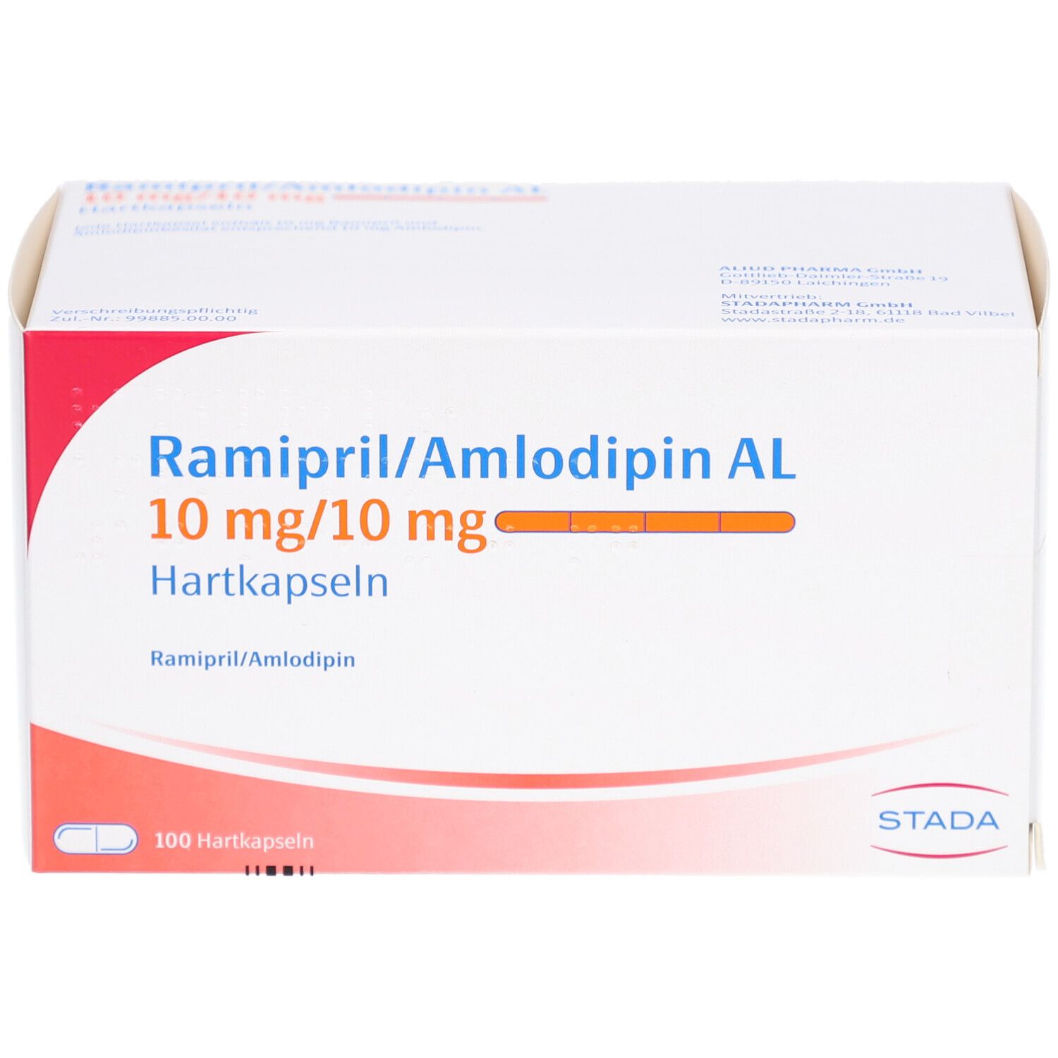 Weiße Arzneimittelverpackung mit roter und orangefarbener Beschriftung. Aufschrift: Ramipril/Amlodipin AL 10 mg/10 mg Hartkapseln. STADA. 100 Hartkapseln.