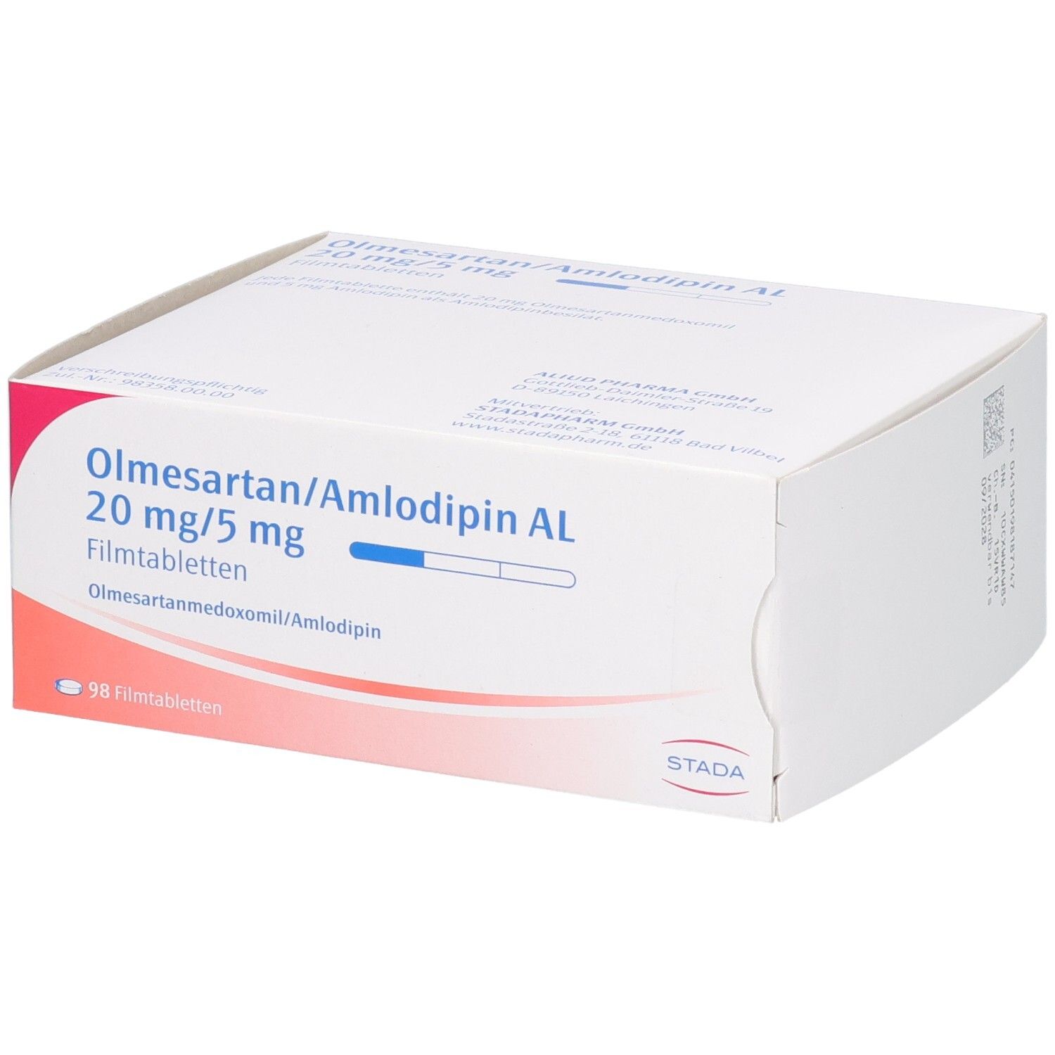 Weißer Karton mit roter und blauer Schrift. Beschriftung: Olmesartan/Amlodipin AL 20 mg/5 mg Filmtabletten. STADA Logo.
