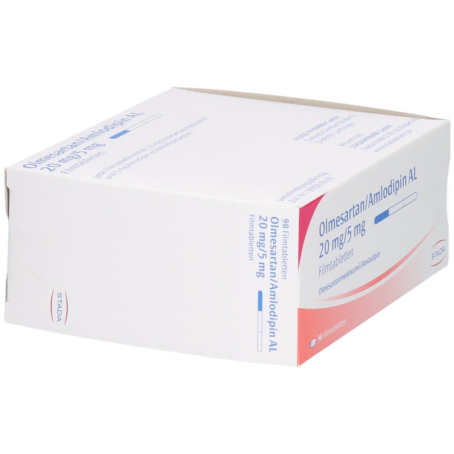 Weißer Karton, schräg von der Seite gesehen. Beschriftung: Olmesartan/Amlodipin AL 20 mg/5 mg Filmtabletten. STADA Logo.