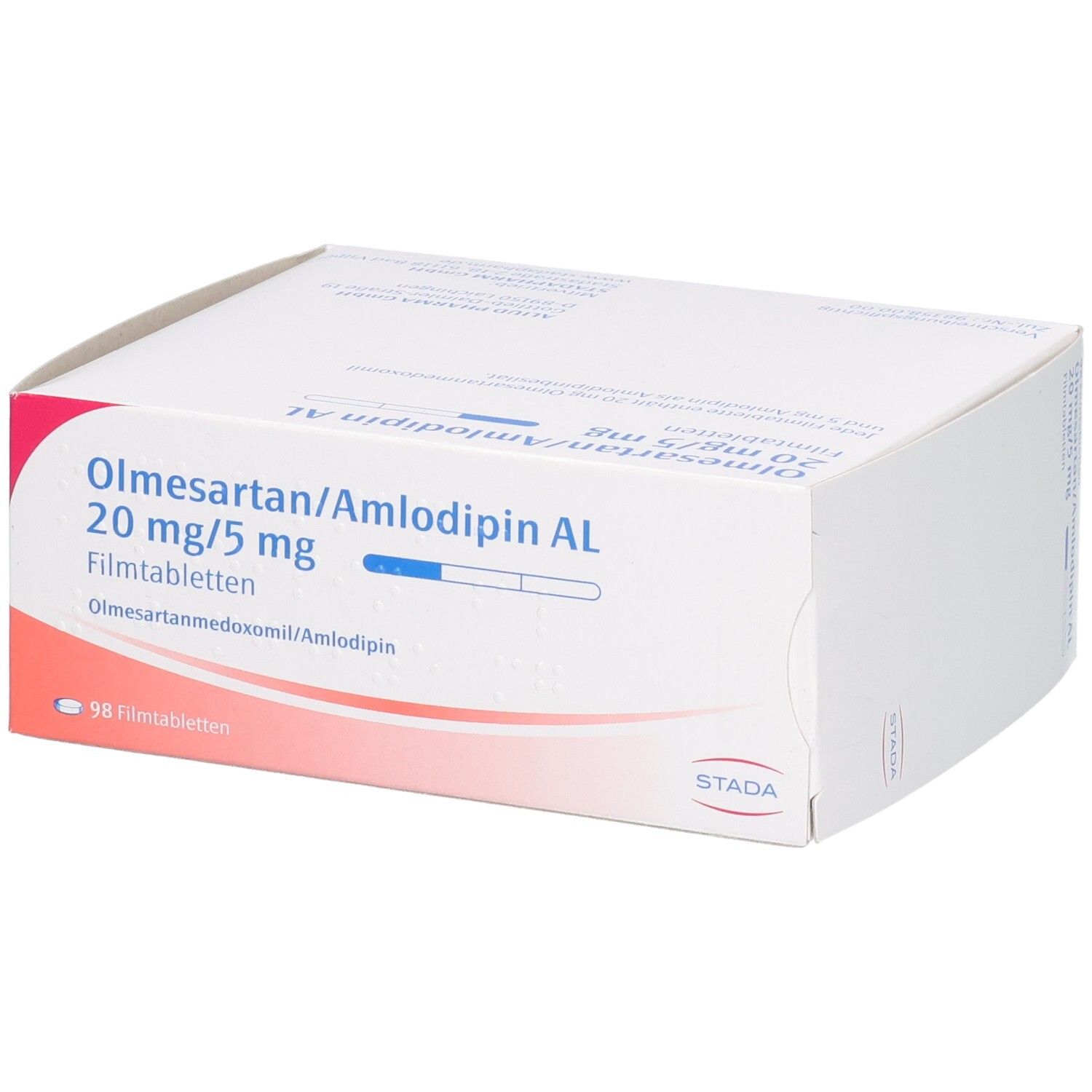 Weißer Karton mit roter und blauer Schrift. Beschriftung: Olmesartan/Amlodipin AL 20 mg/5 mg Filmtabletten. STADA Logo.