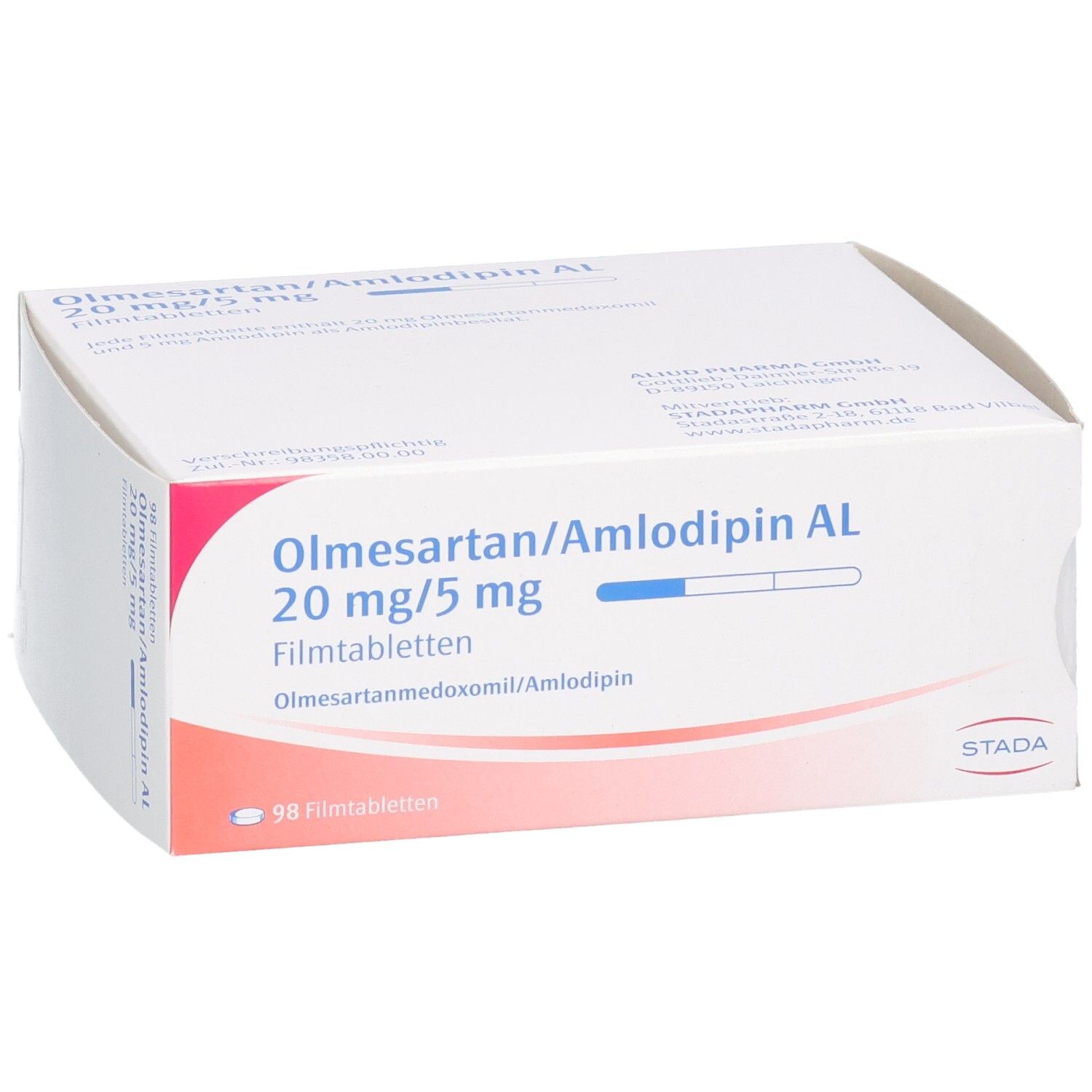 Weißer Karton mit roter und blauer Schrift. Beschriftung: Olmesartan/Amlodipin AL 20 mg/5 mg Filmtabletten. STADA Logo.